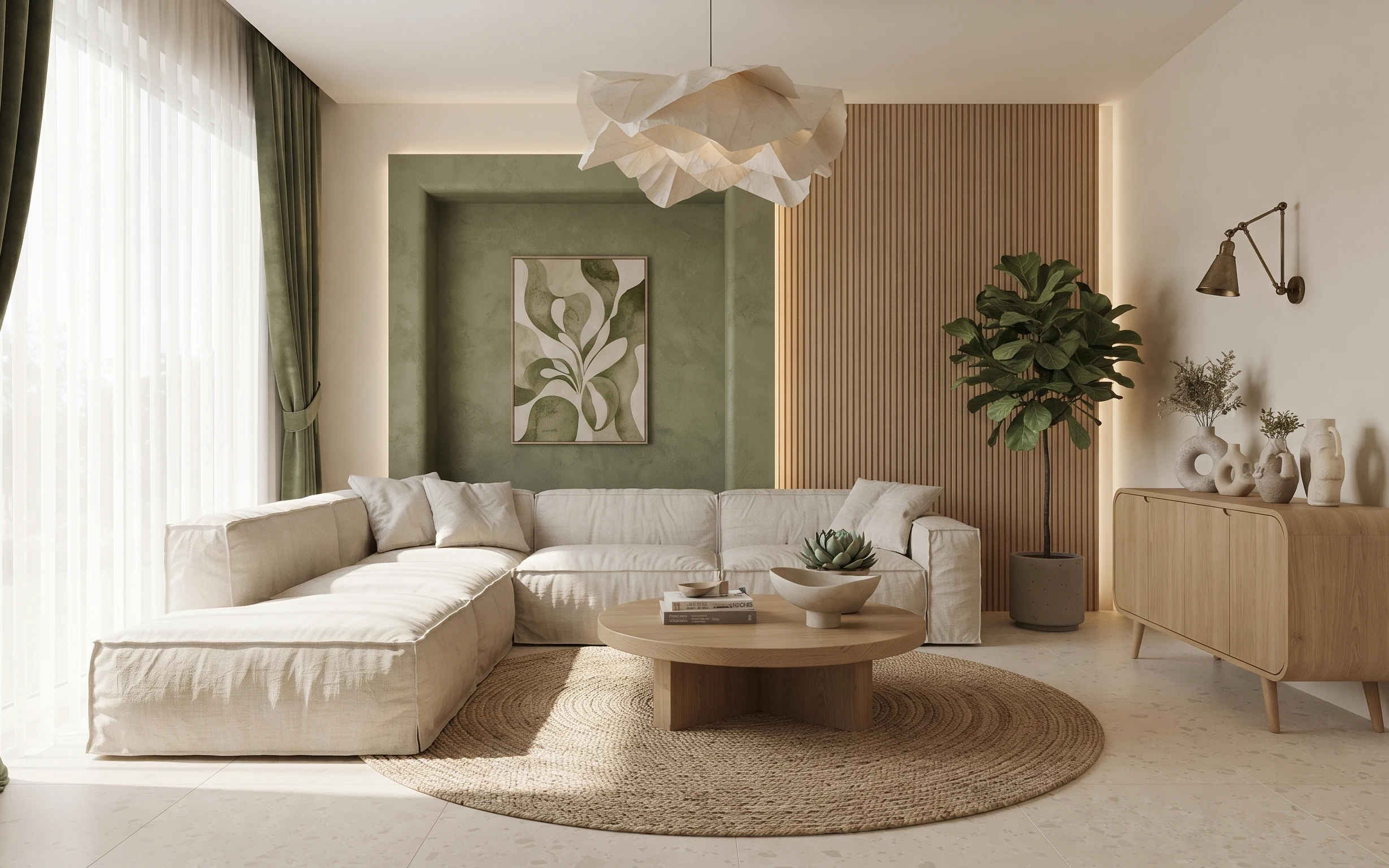 Bright japandi sofa corner with olive curtains, jute rug, round wood coffee table, botanical print, and bronze wall sconce