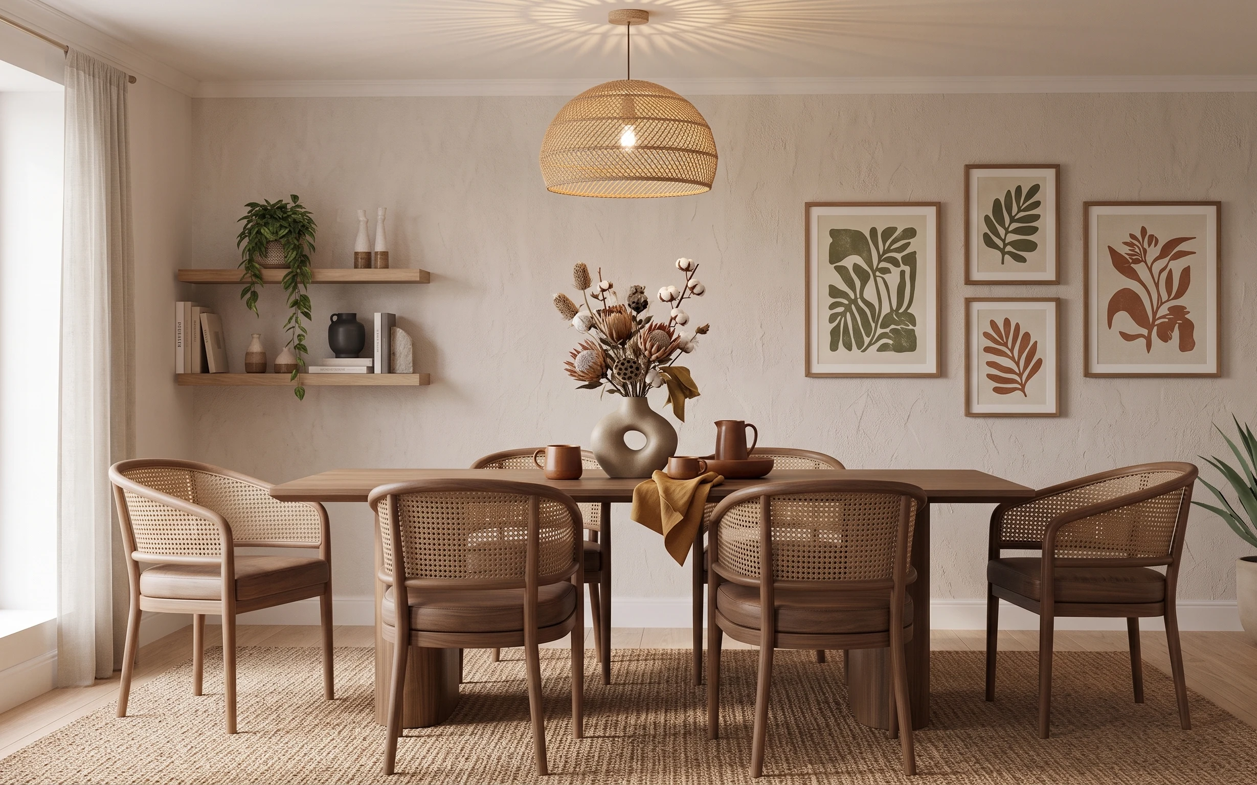 Cream dining nook with woven pendant, rattan chairs, neutral rug, floating shelves, botanical frames, and a floor plant