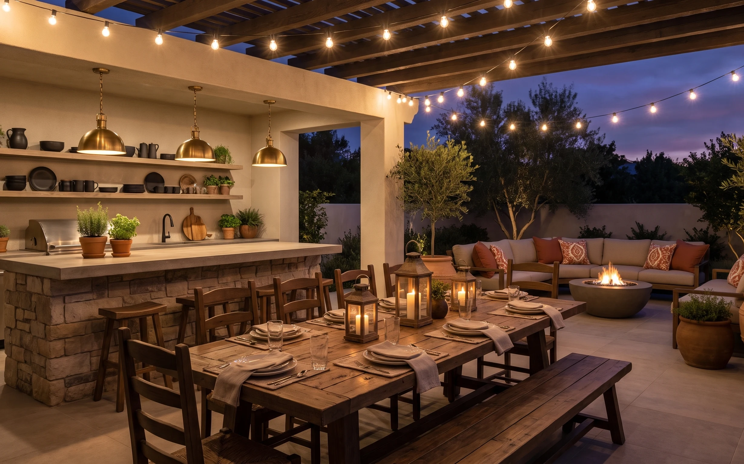 Warm outdoor patio dining corner with string lights, brass fixtures, lanterns, sofa, and terracotta planters