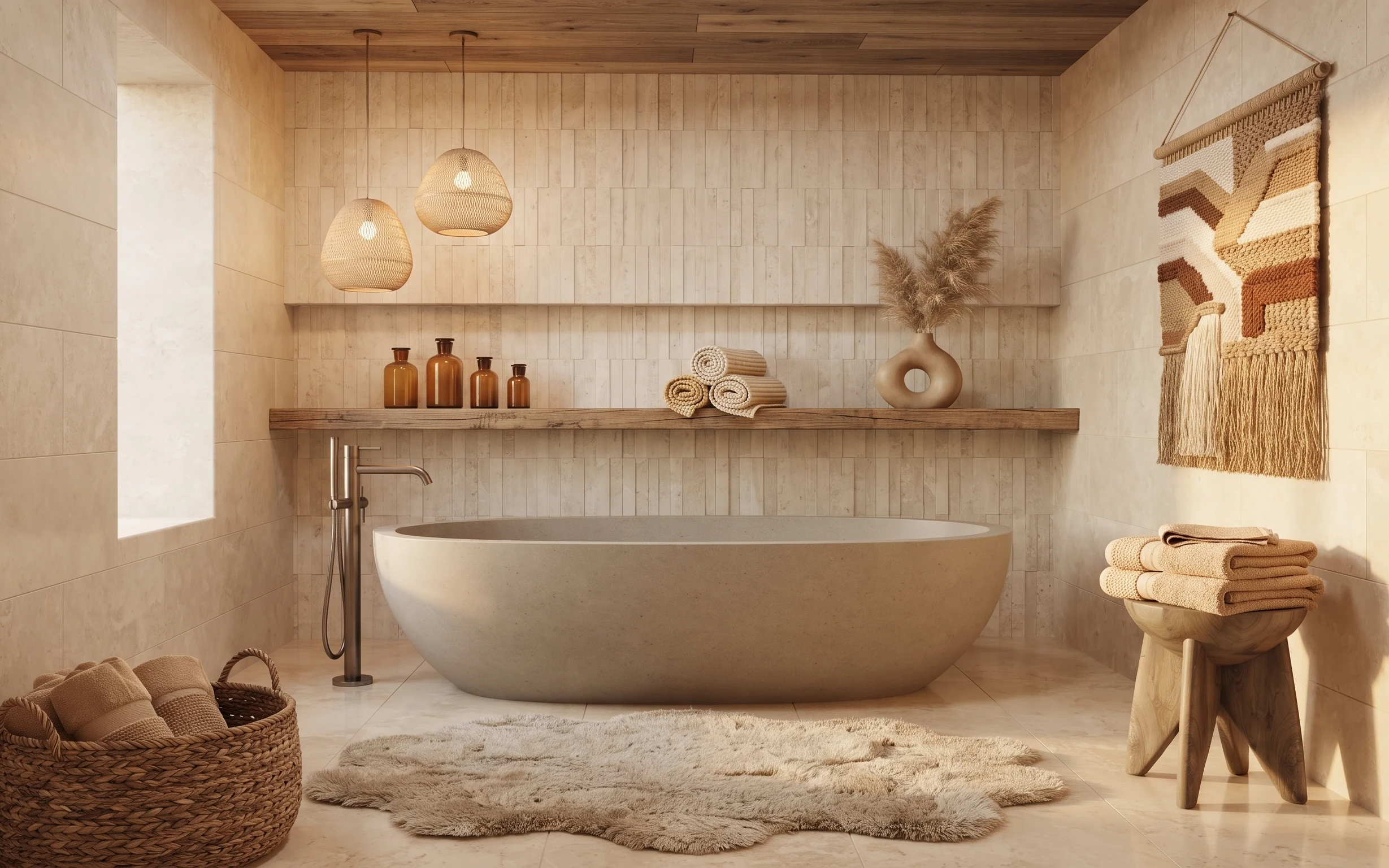 Boho bathroom bathtub corner with beige tile, wood shelf, amber bottles, macramé wall hanging, rug, and towels