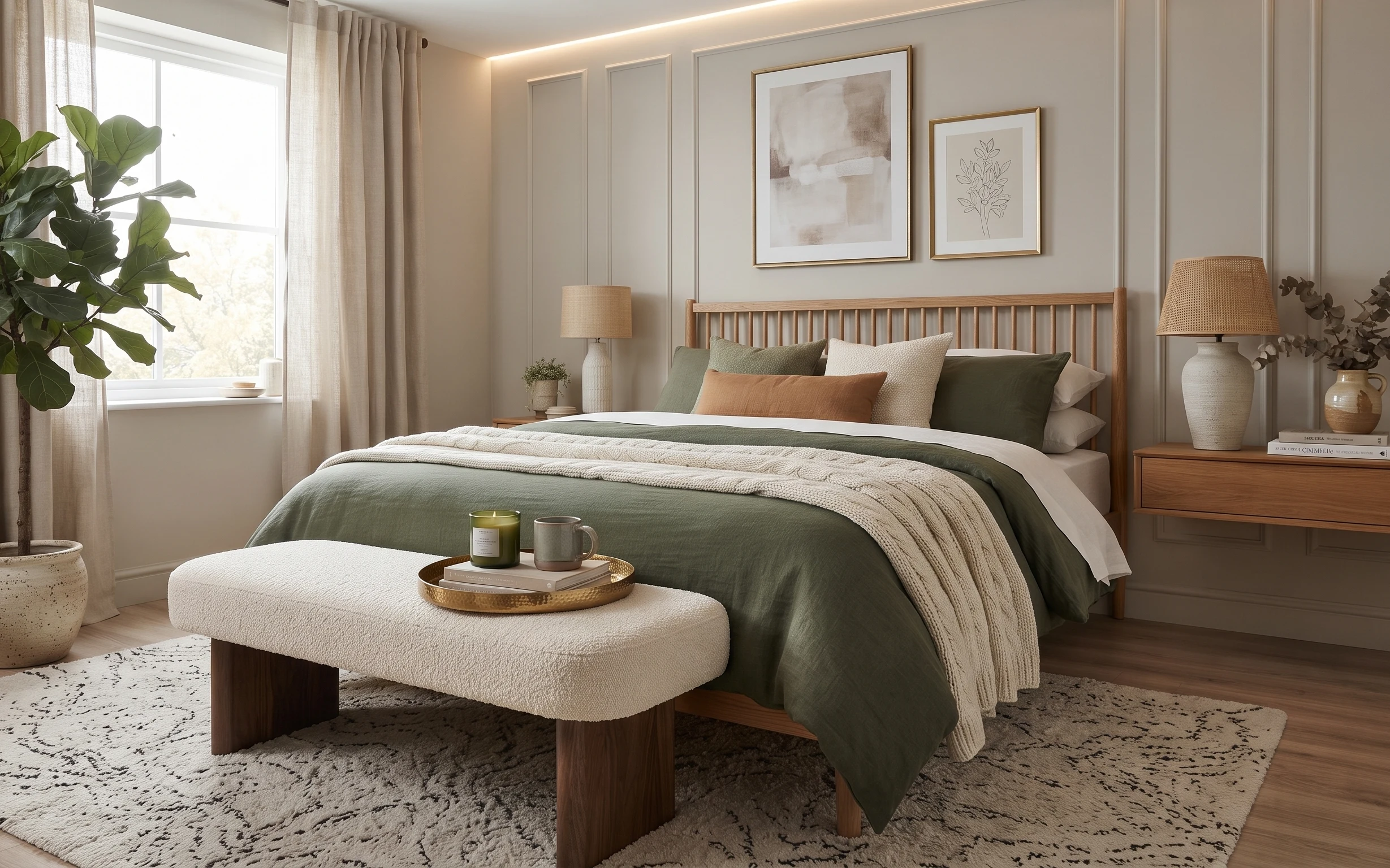 Olive-and-cream bedroom with slat bed, green throw, black-speckled rug, plug-in lamp, framed art, and potted plant