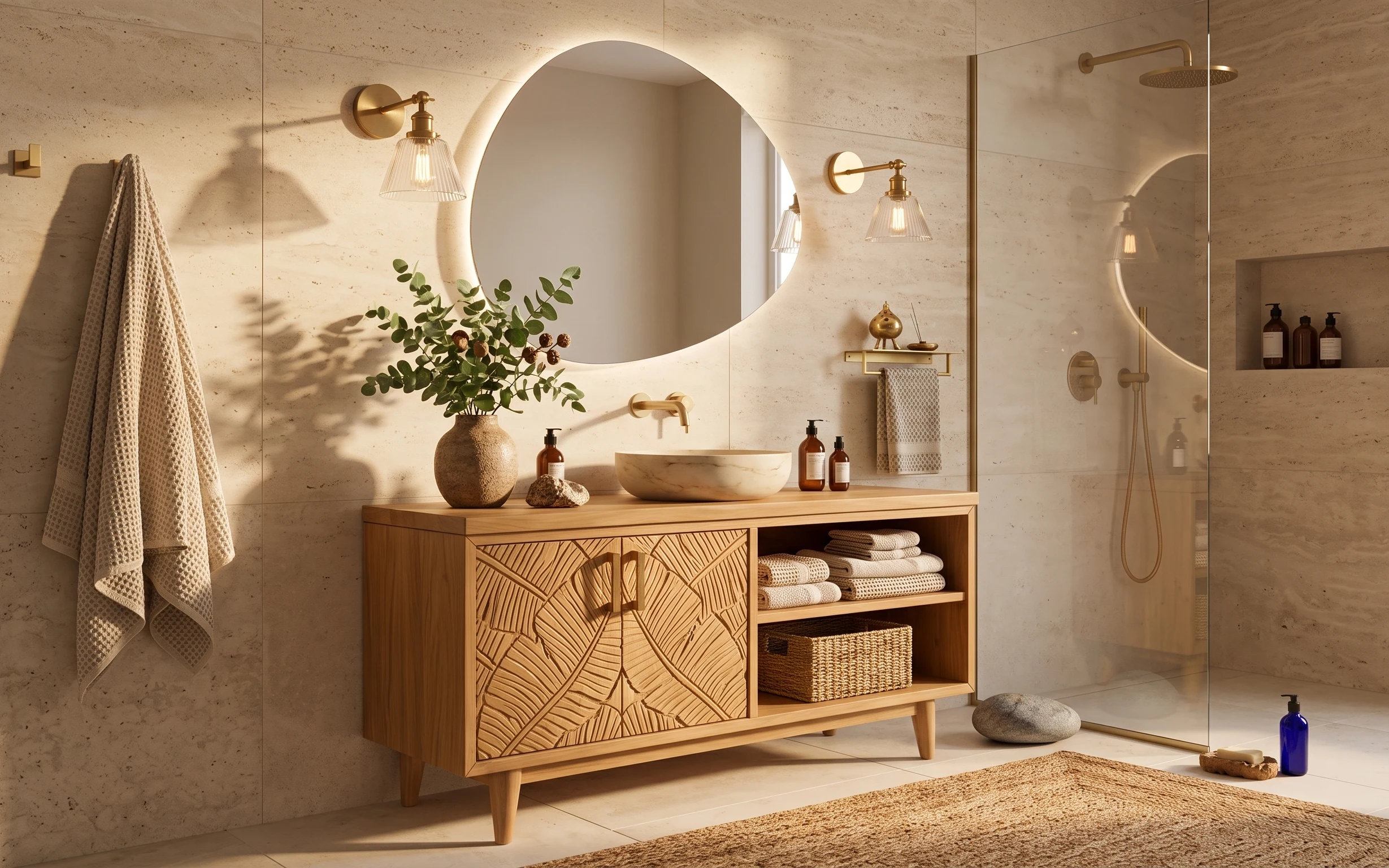 Bathroom vanity with oval mirror, brass sconces, wood cabinet, towels, woven basket, plant in ceramic vase, and beige floor rug