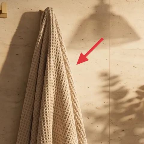 Woven bath towel on the left