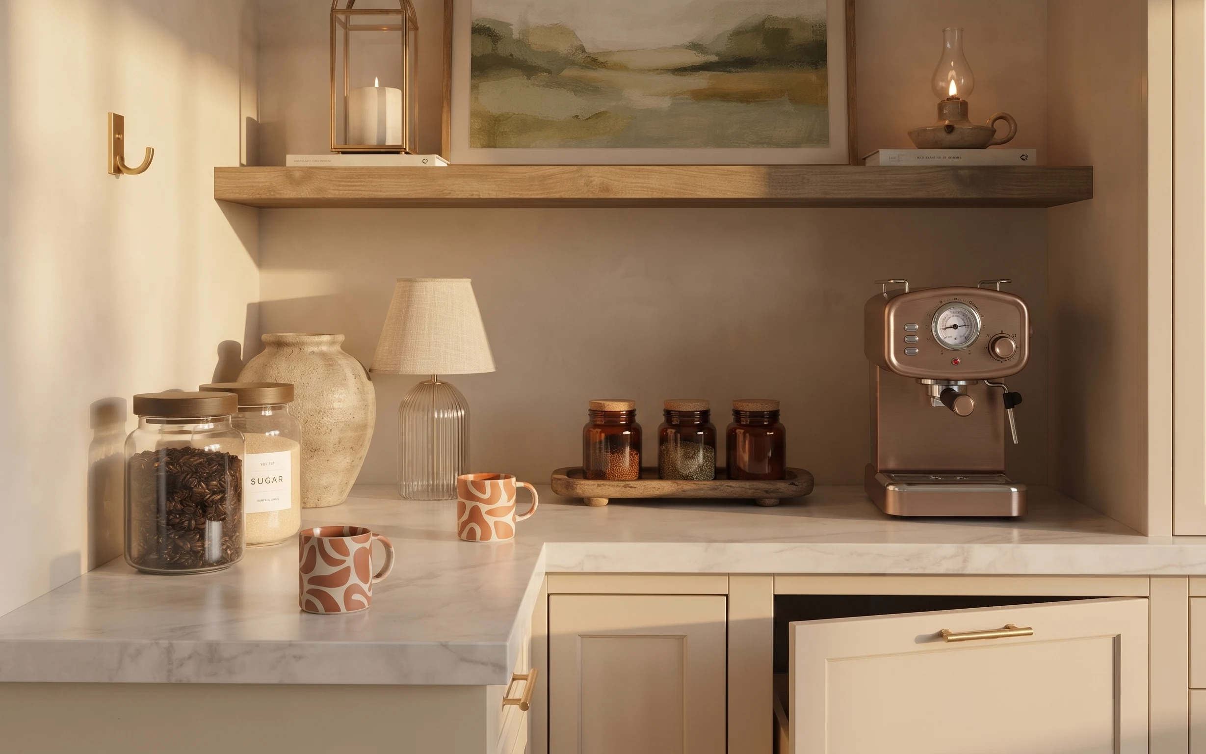 Kitchen coffee bar corner with wood shelf, jars, ceramic mugs, lamp, framed wall art, and a small candle flame