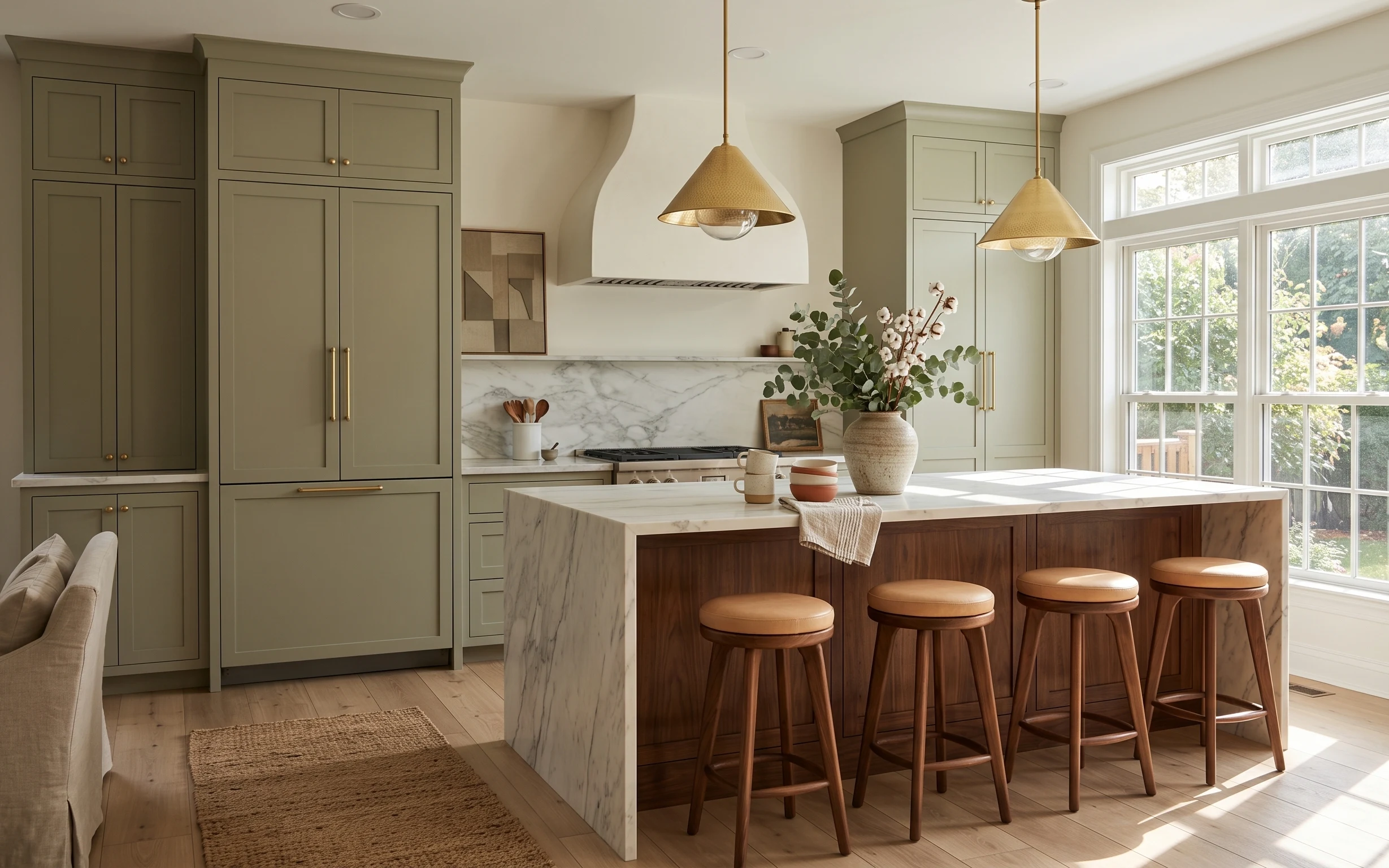 Bright kitchen with sage cabinets, marble island, wood bar stools, jute rug, pendant lights, ceramic vase and framed shelf art