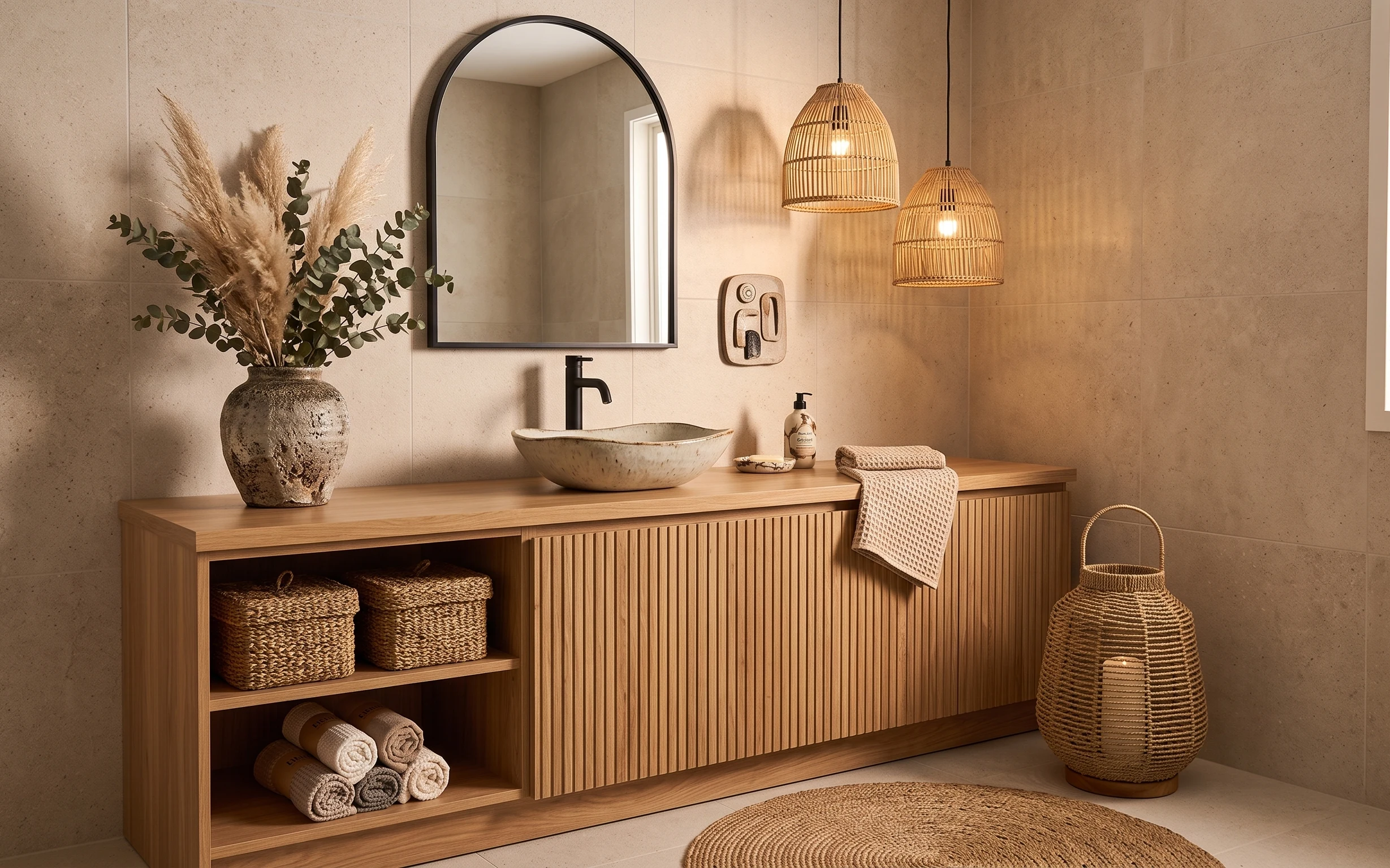 Warm beige bathroom vanity corner with rattan pendant lights, mirror, rug, towels, woven storage, and vase with dried stems.
