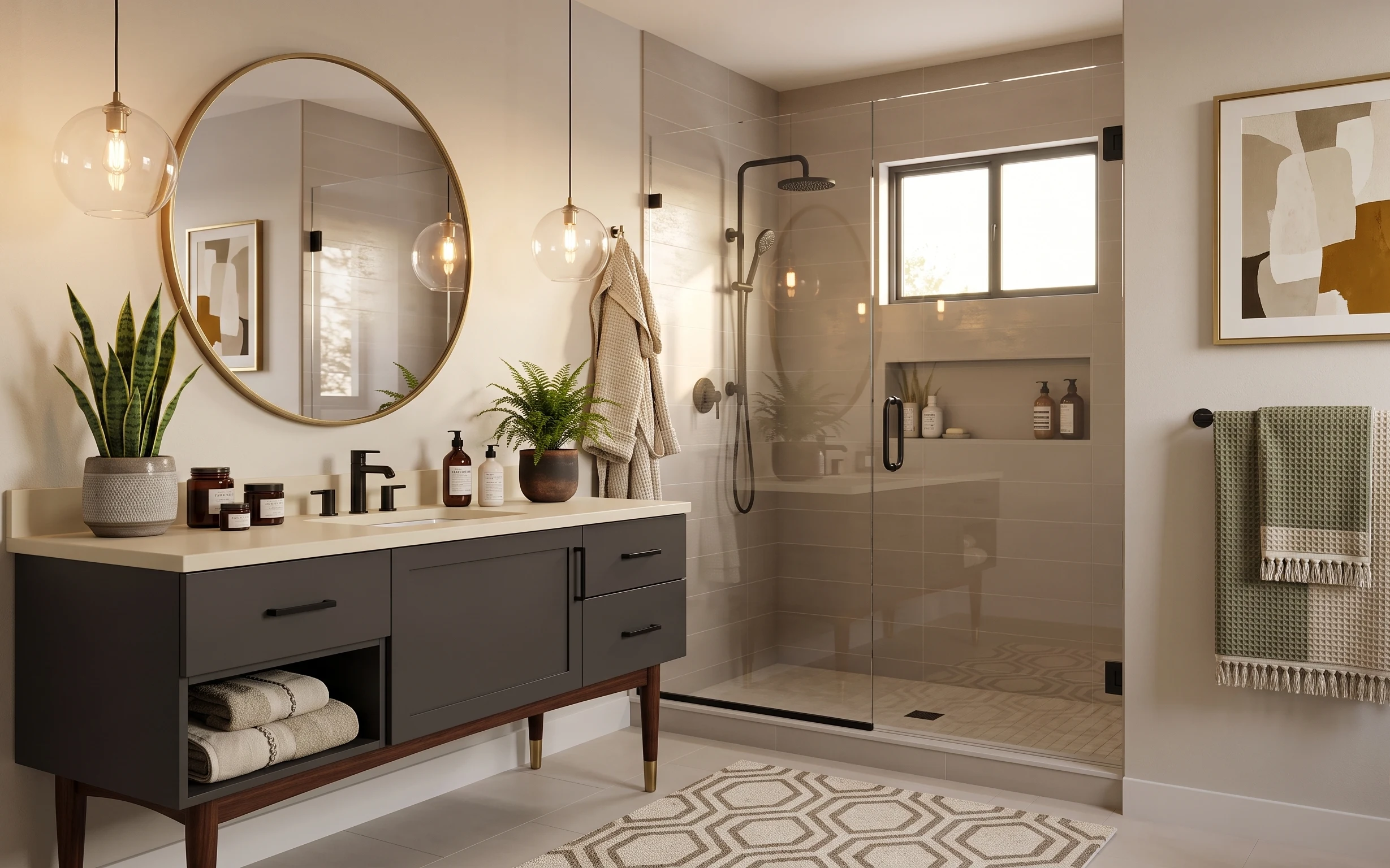 Renter-friendly vanity-and-tile bathroom with geometric rug, framed abstract art, waffle towel, snake plant, and styled countertop.