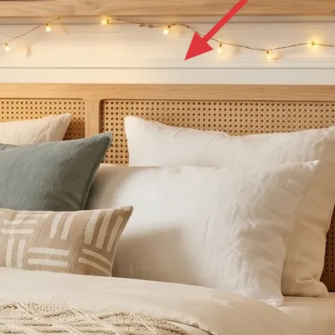 warm string lights across the floating shelf