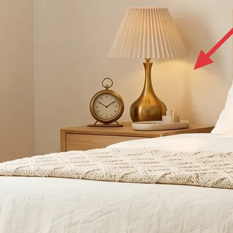 gold table lamp with beige drum shade (left)