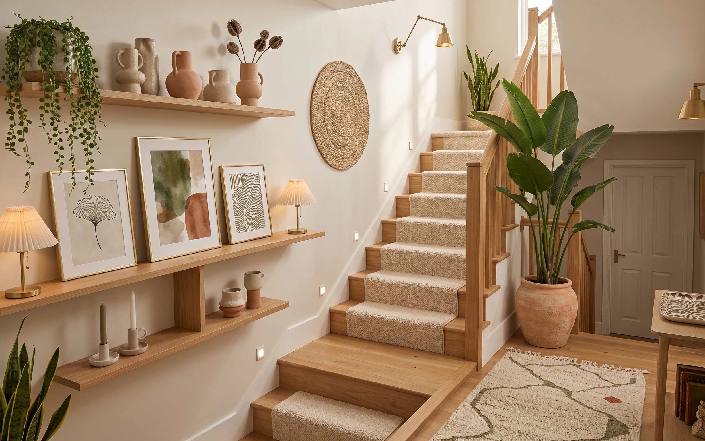 Stair landing nook with woven wall decor, framed botanical prints, plug-in table lamp, and layered plants