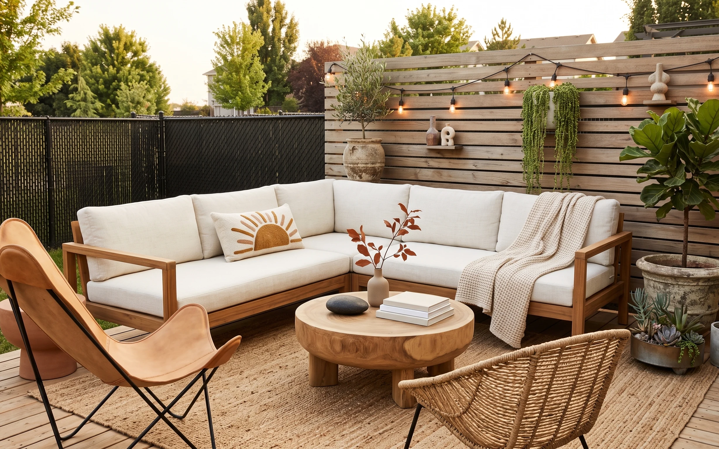 Boho patio seating with jute-style rug, off-white sofa, tan folding chair, round coffee table, and warm string lights