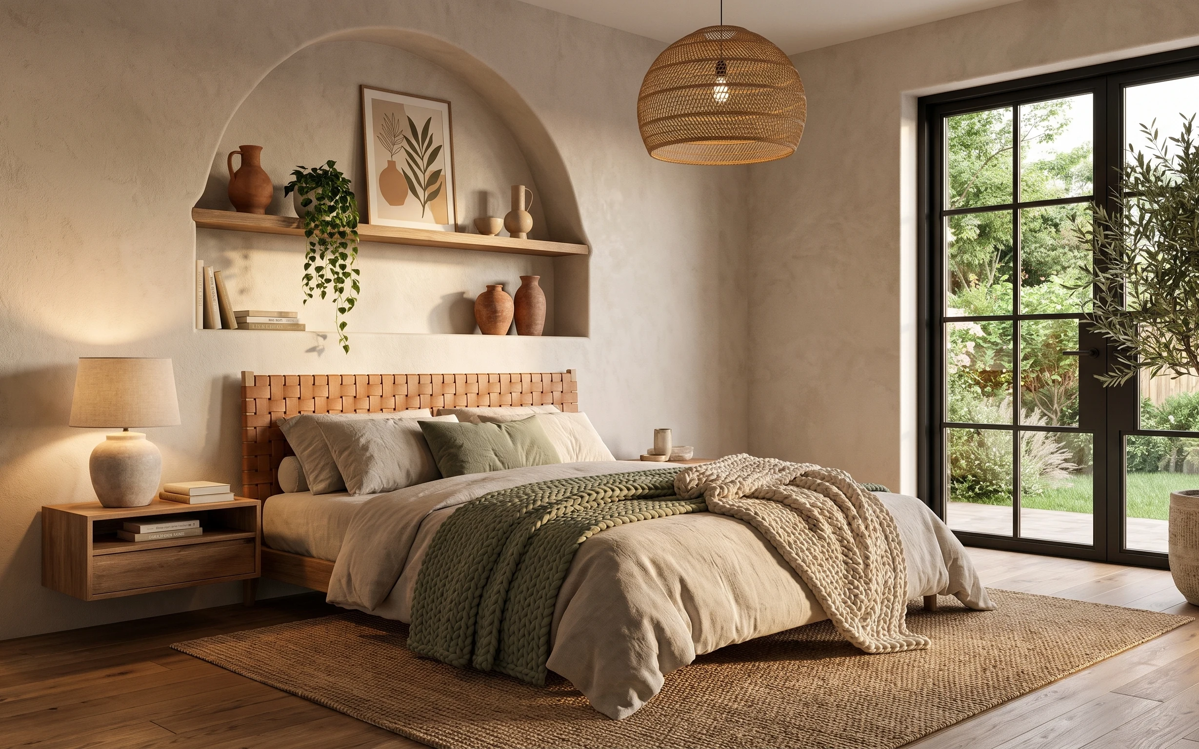 Earthy beige bedroom with wood slat headboard, tan rug, nightstand lamp, framed botanical art, and woven-pot floor plant