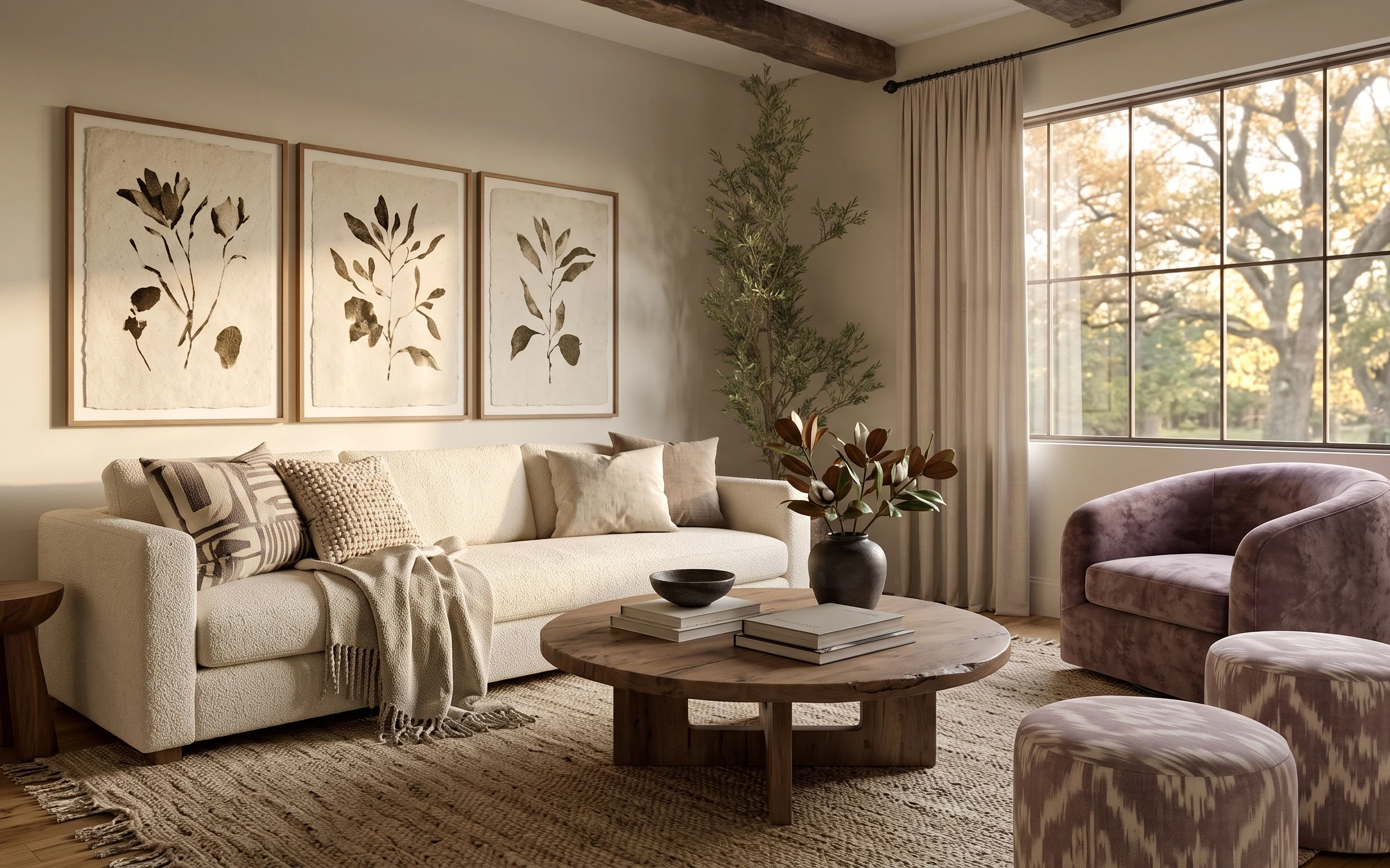 Earthy neutrals living room with cream sofa, jute rug, framed botanical prints, and dark vase plant by the window
