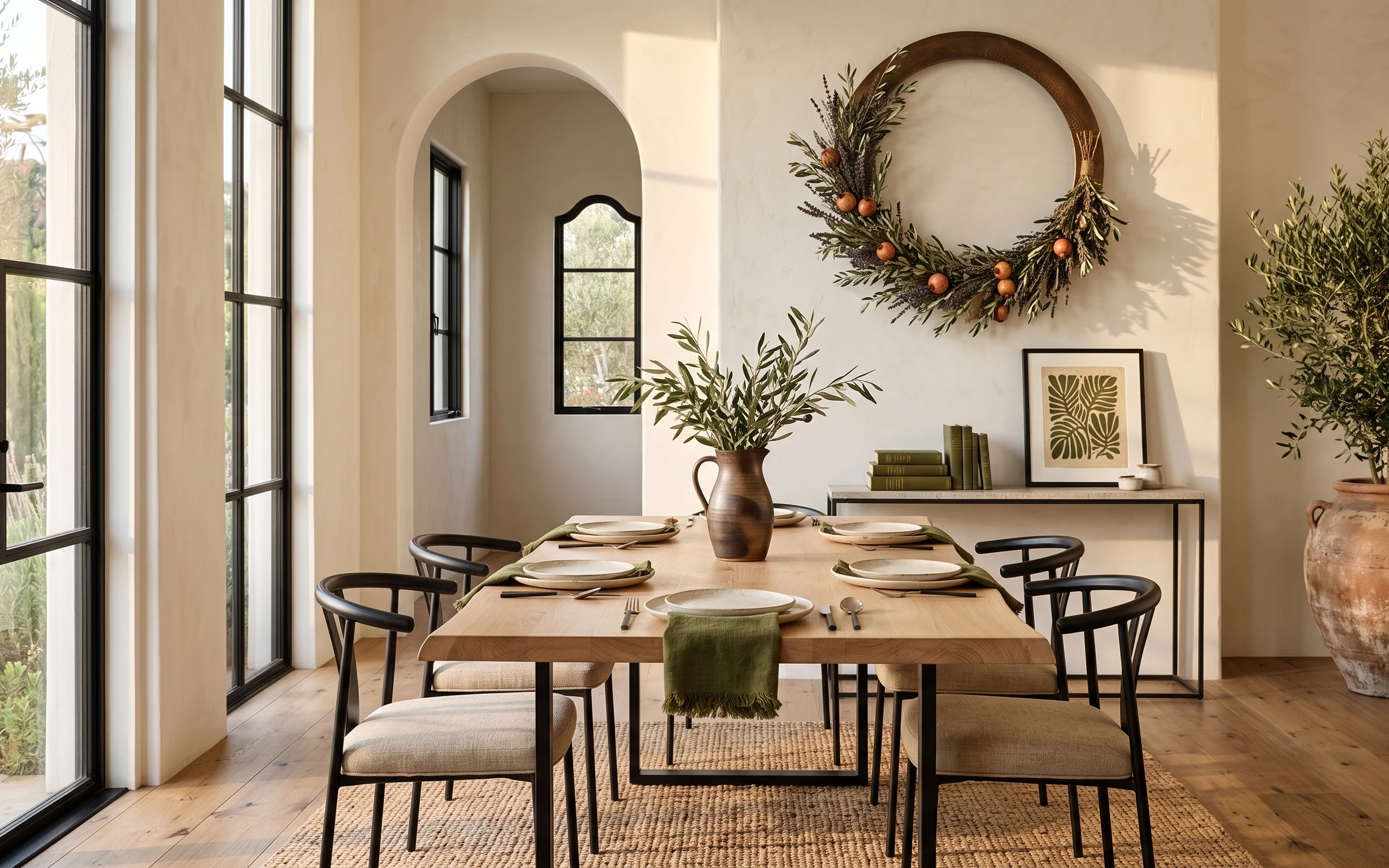 Bright dining table nook with woven rug, green runner, framed botanical print, and dried botanical wall garland