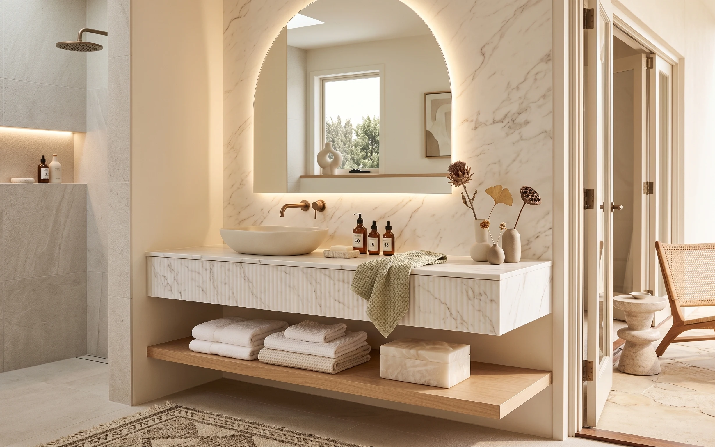 Spa bathroom with marble-look walls, vanity shelf with towels and decor, framed abstract art, and wicker chair