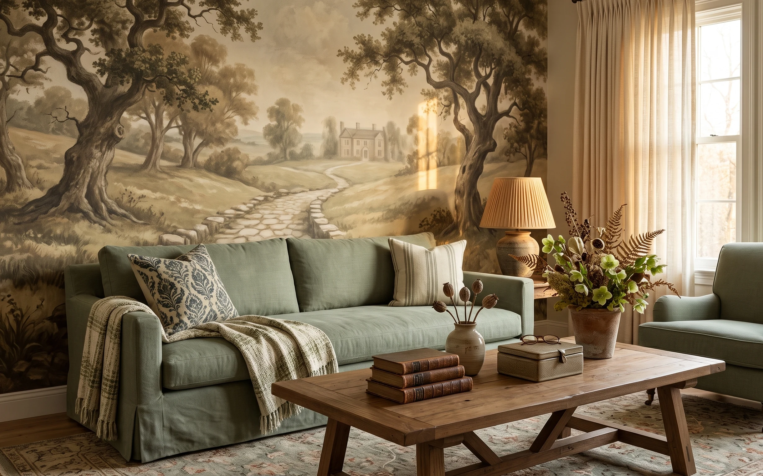 Olive green sofa with light green throw, patterned pillows, tan table lamp, cream sheers, and mural-style wall artwork