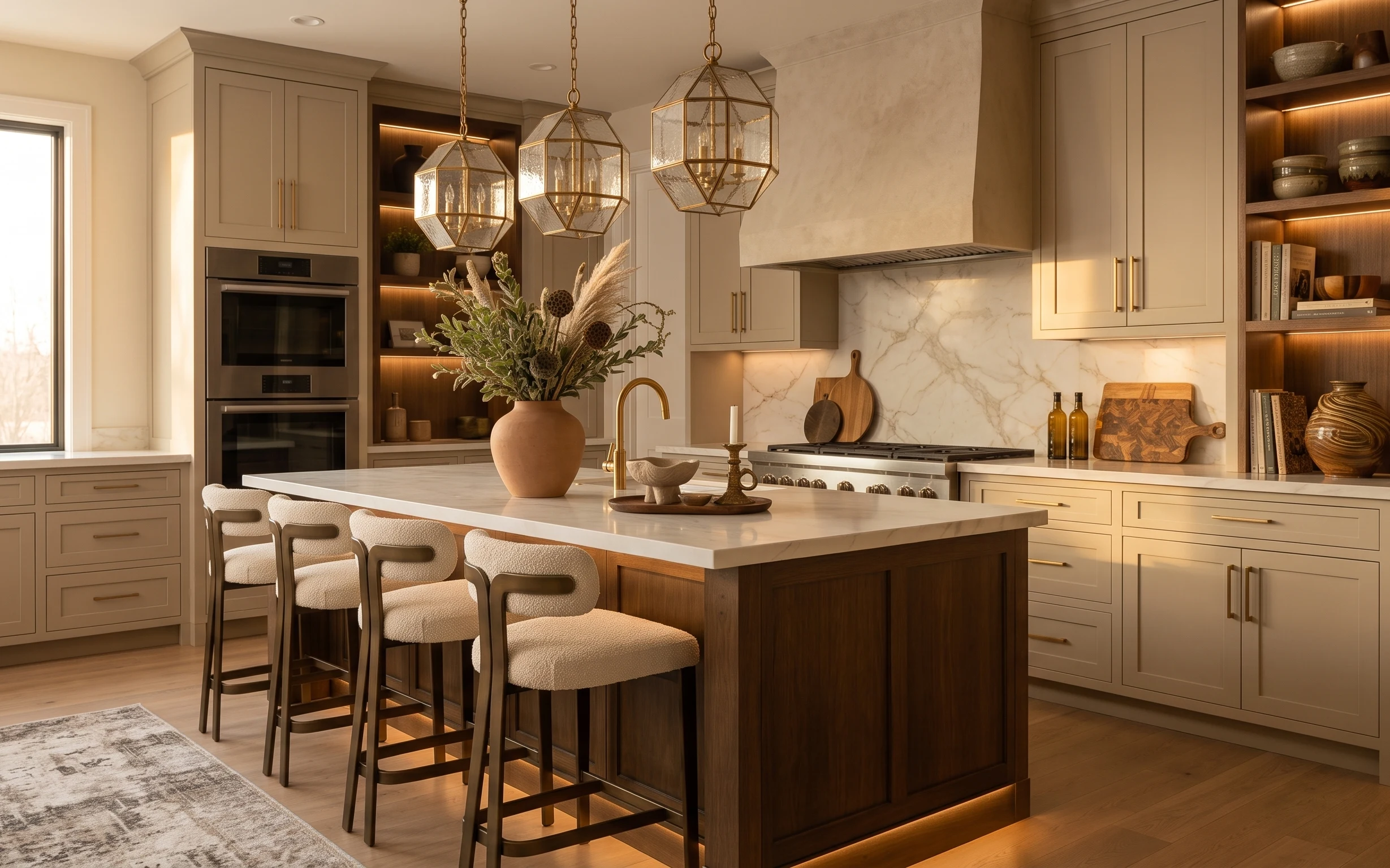 Warm renter-friendly kitchen island styled with terracotta vase, dried florals, amber bottles, and a neutral area rug