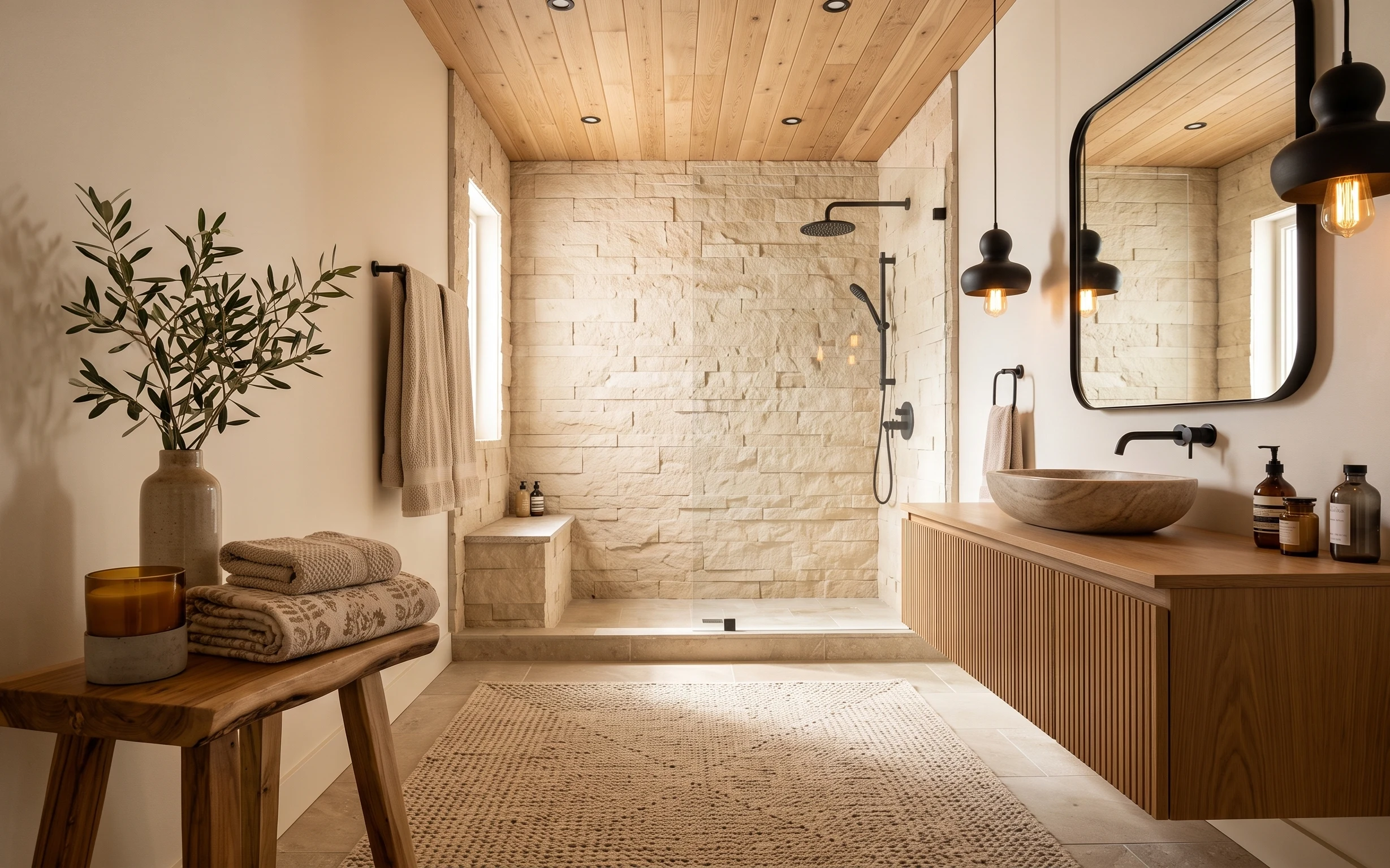Warm shower nook bathroom with woven rug, wood bench, rolled towels, candle, greenery, and a large mirror
