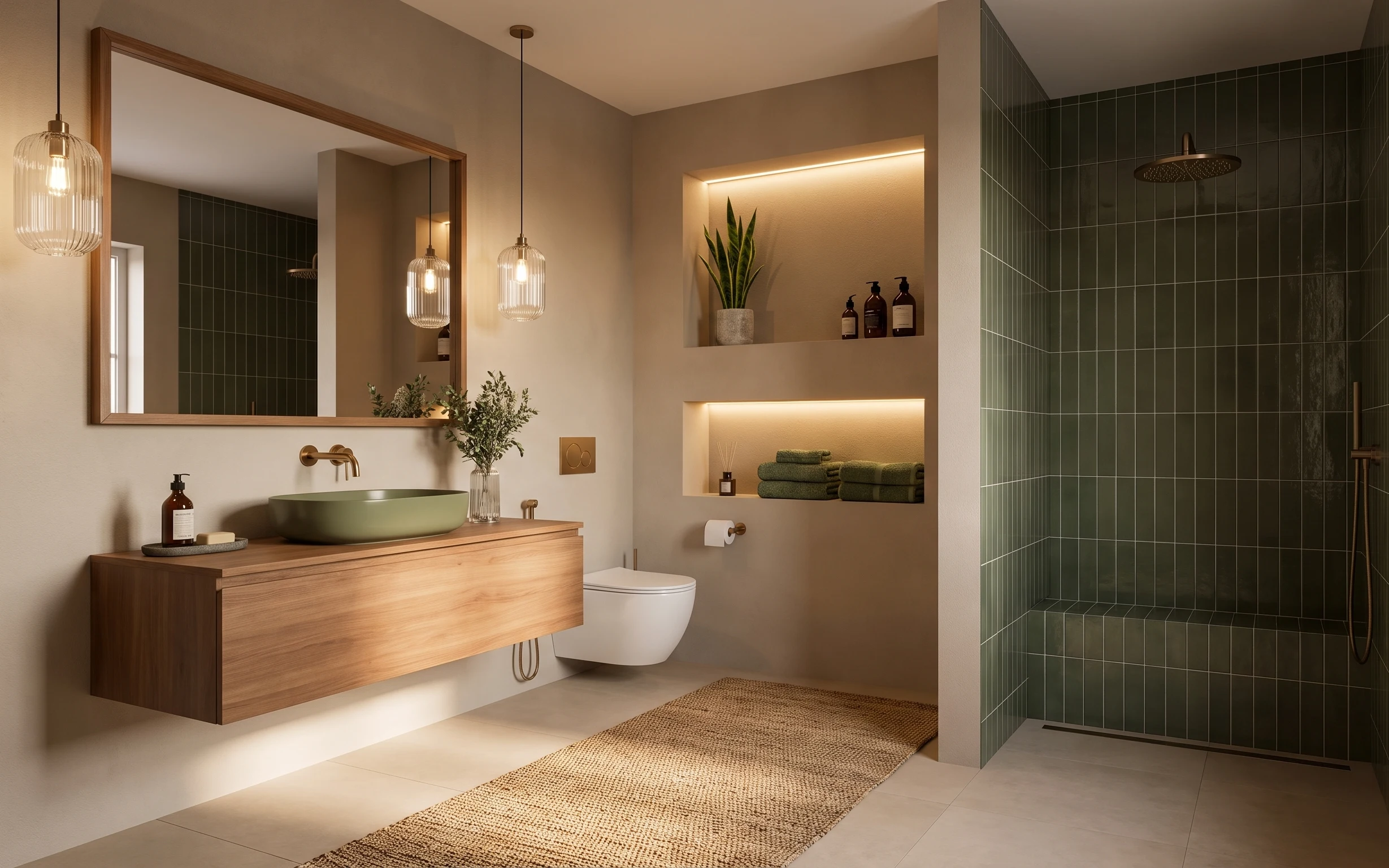 Bathroom vanity corner with warm wood cabinetry, large framed mirror, dark green tile shower, and woven runner rug