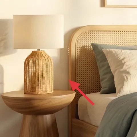 plug-in table lamp with tan wicker base and white shade