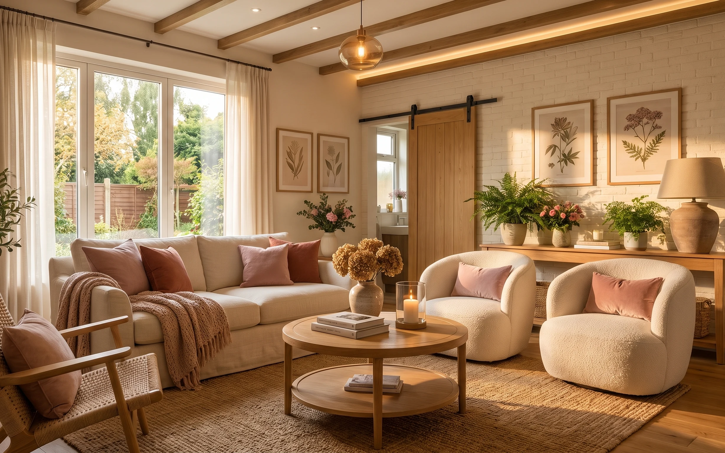 Sunlit living room with cream sofa, beige rug, botanical framed prints, plug-in lamp, and console greenery