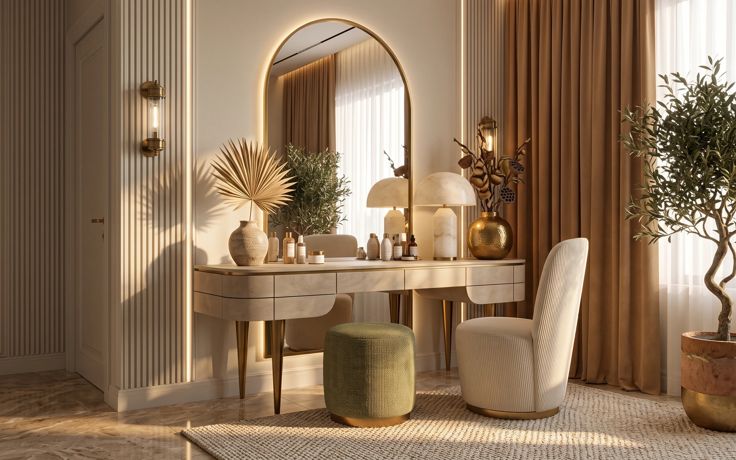 Warm console entry corner with round mirror glow, beige curtains, table lamp, styled tray, and tall potted tree