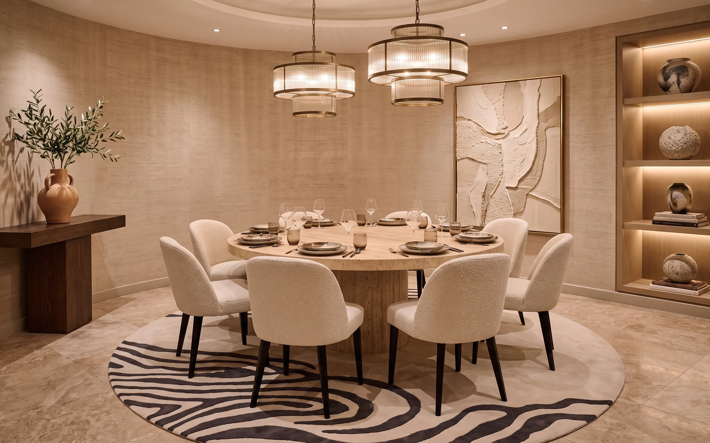 Dining nook with zebra rug, round table, upholstered chairs, terracotta plant vase, framed abstract art and hanging drum lights