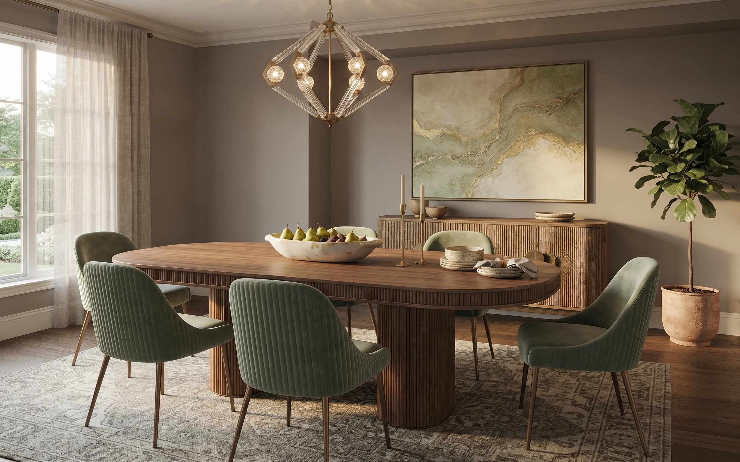 Warm dining room with sage chairs, patterned area rug, sheer curtains, ribbed sideboard, and a terracotta potted plant