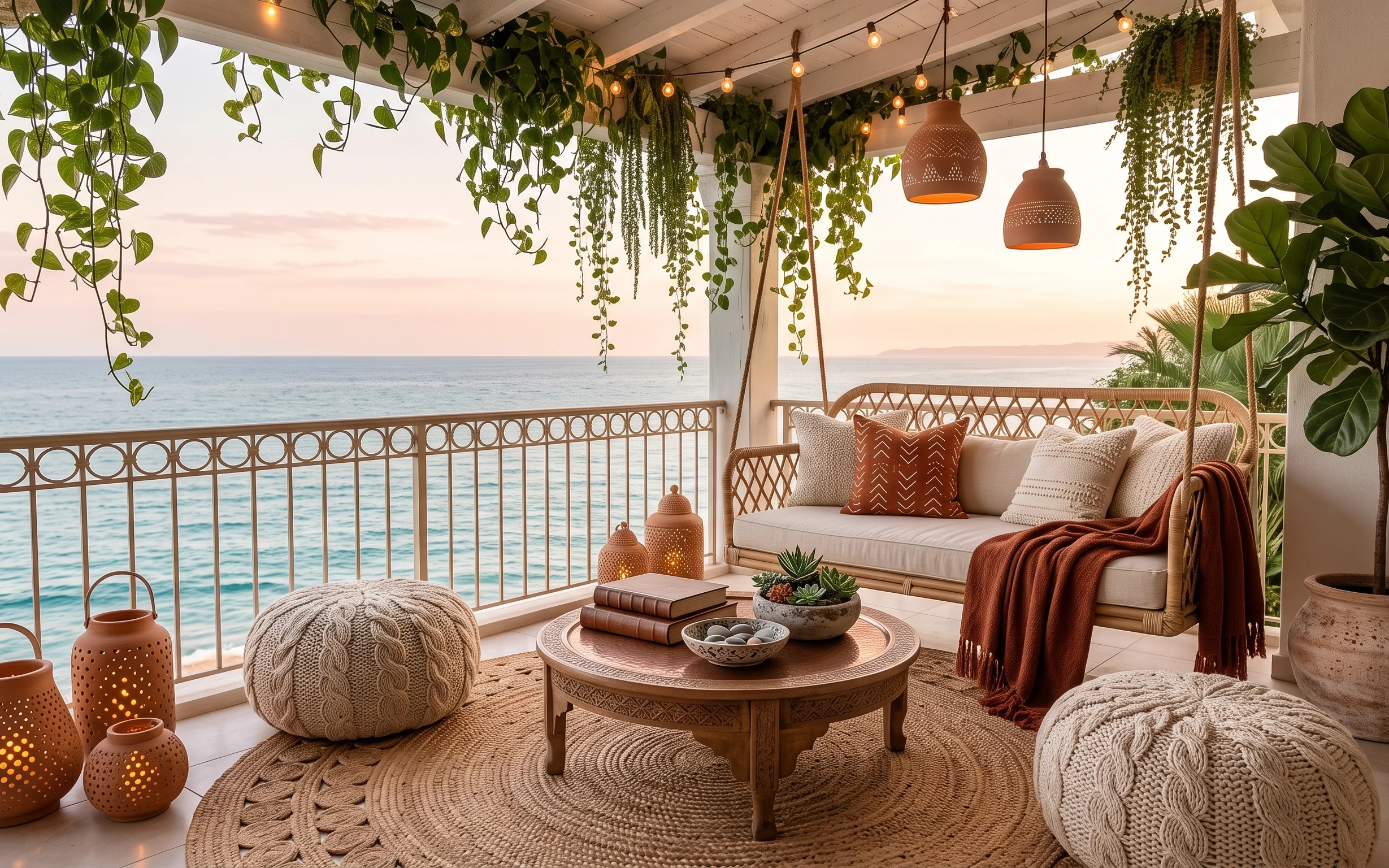 Balcony lounge with rattan daybed, round woven rug, terracotta plants, hanging string lights, and perforated lantern glow