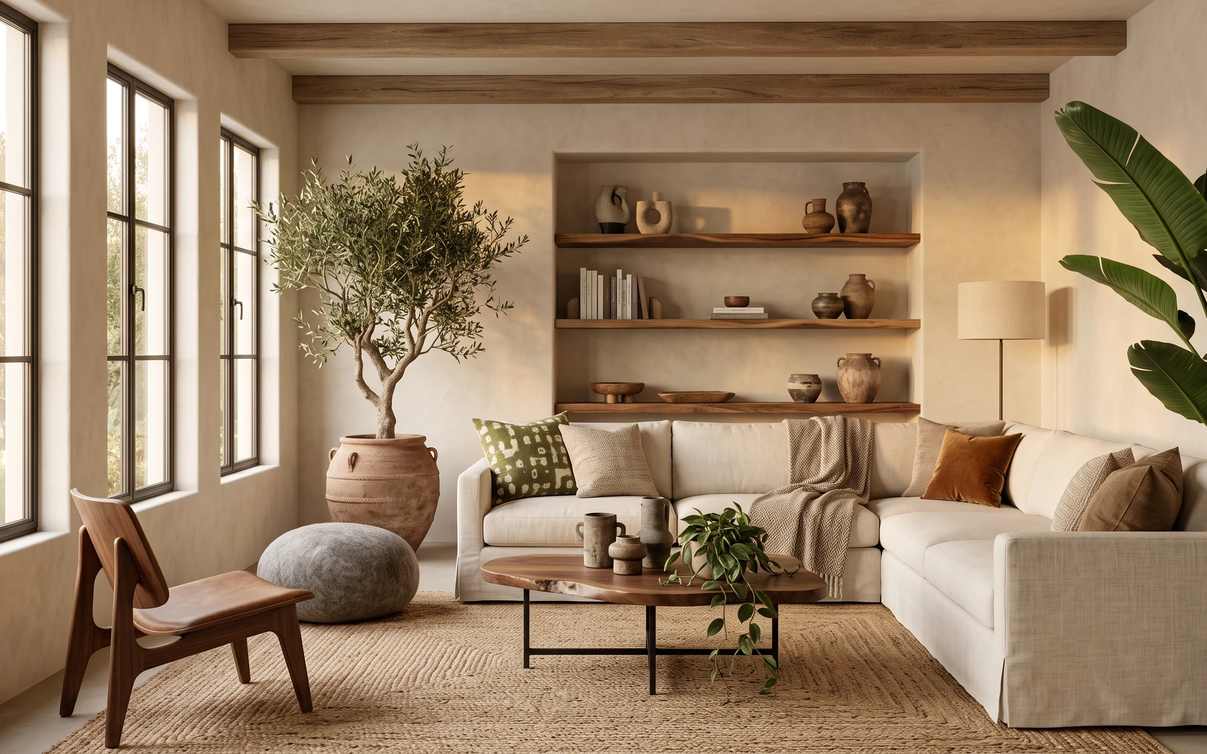 Sunlit living room with sofa, wood coffee table, woven rug, olive tree in terracotta planter, and broad-leaf potted plant