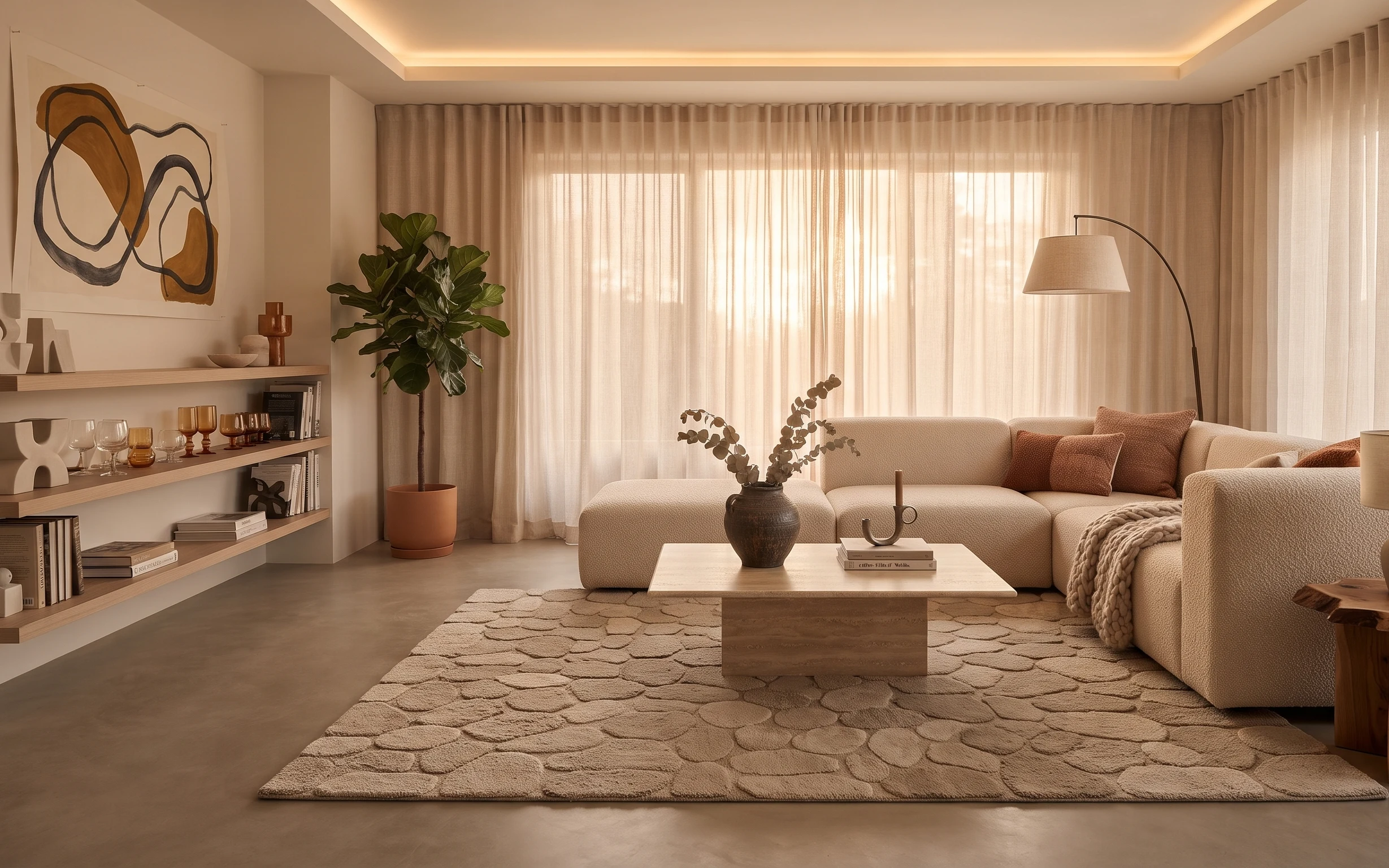 Warm neutral living room with cream sofa, pebble-pattern rug, framed abstract art, and plug-in floor lamp