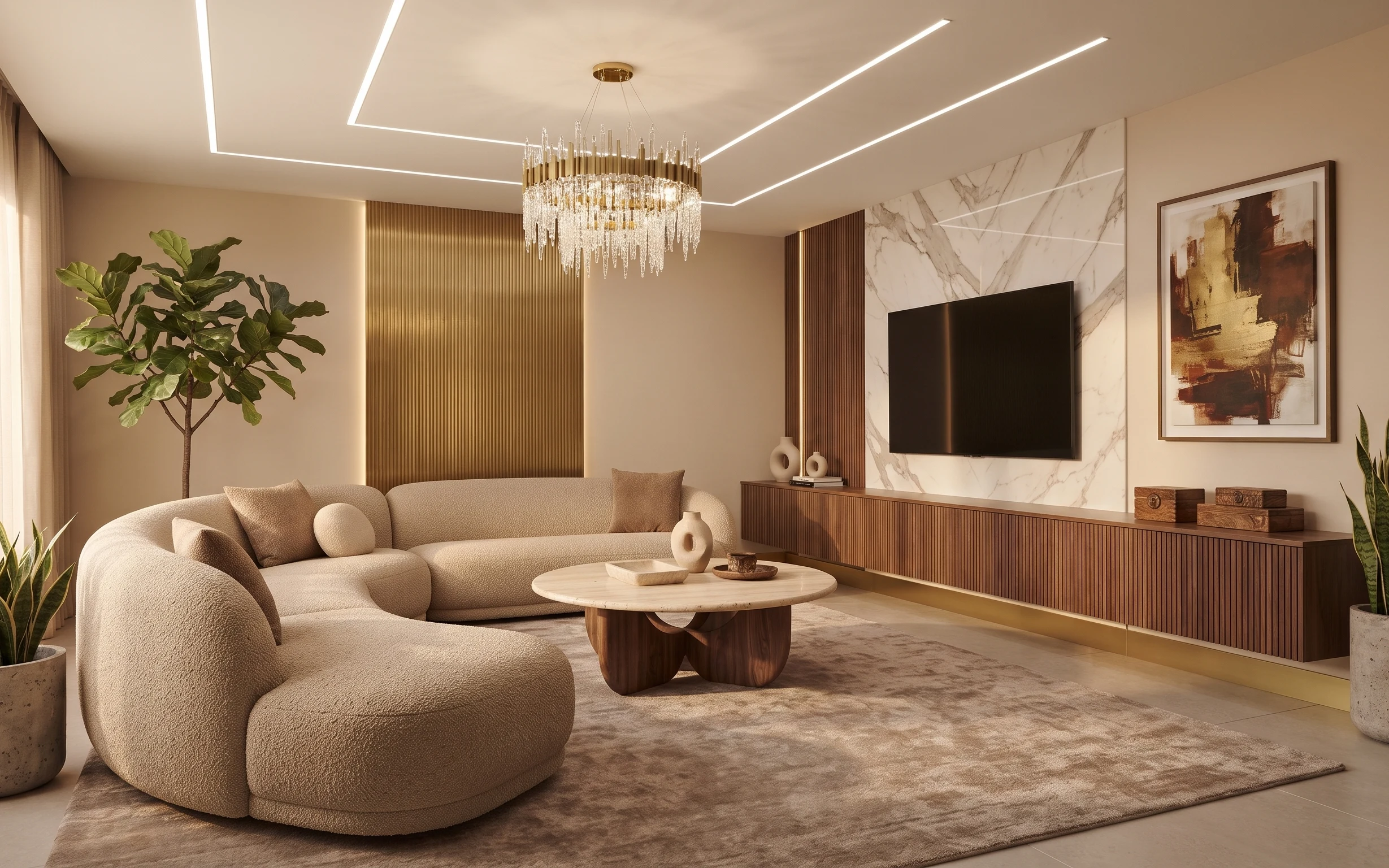 Warm taupe console living room with beige sofa, large beige rug, framed abstract art, indoor plants, and marble-look wall