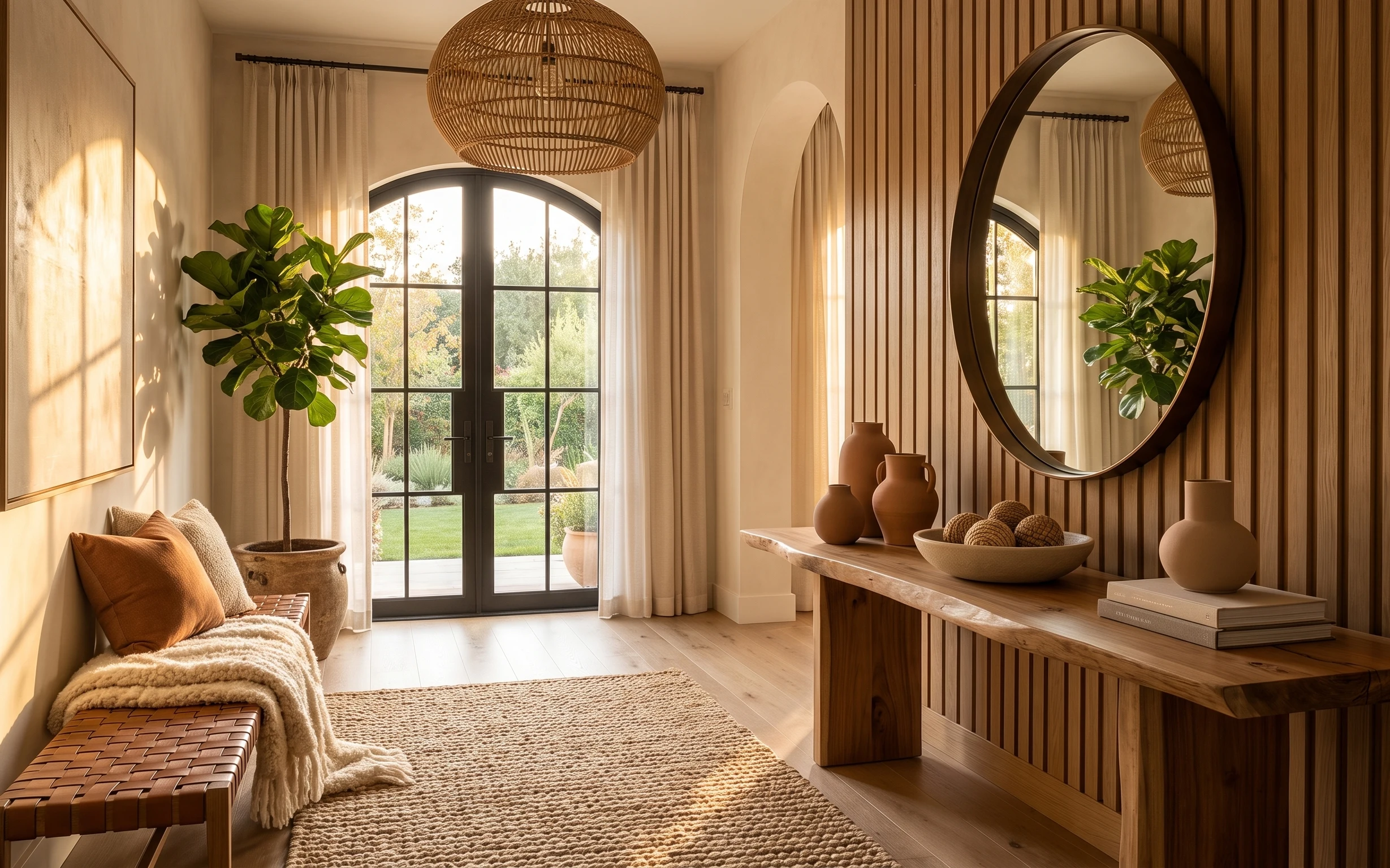 Warm boho daybed corner with cream rug, off-white curtains, rattan pendant, oval mirror, terracotta decor, and potted plants