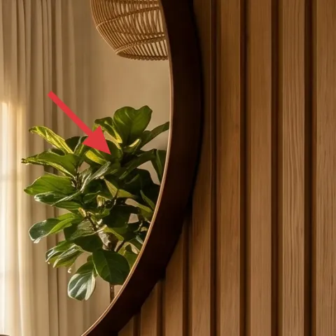 Oval mirror leaned against the slatted wall