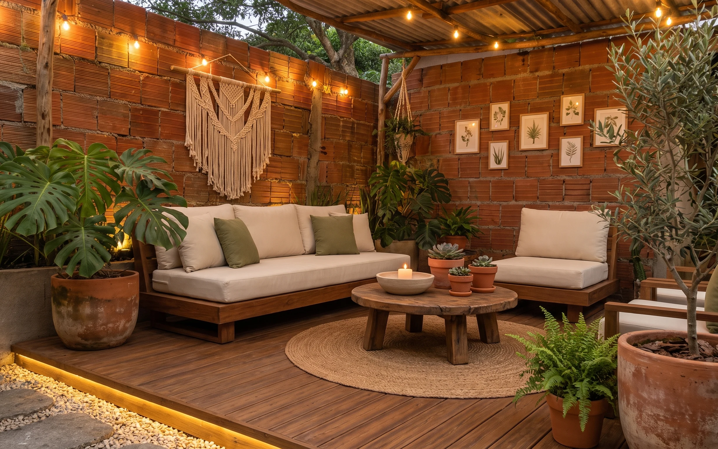 Boho outdoor patio seating with cream cushions, jute rug, string lights, macrame wall decor, and terracotta plants