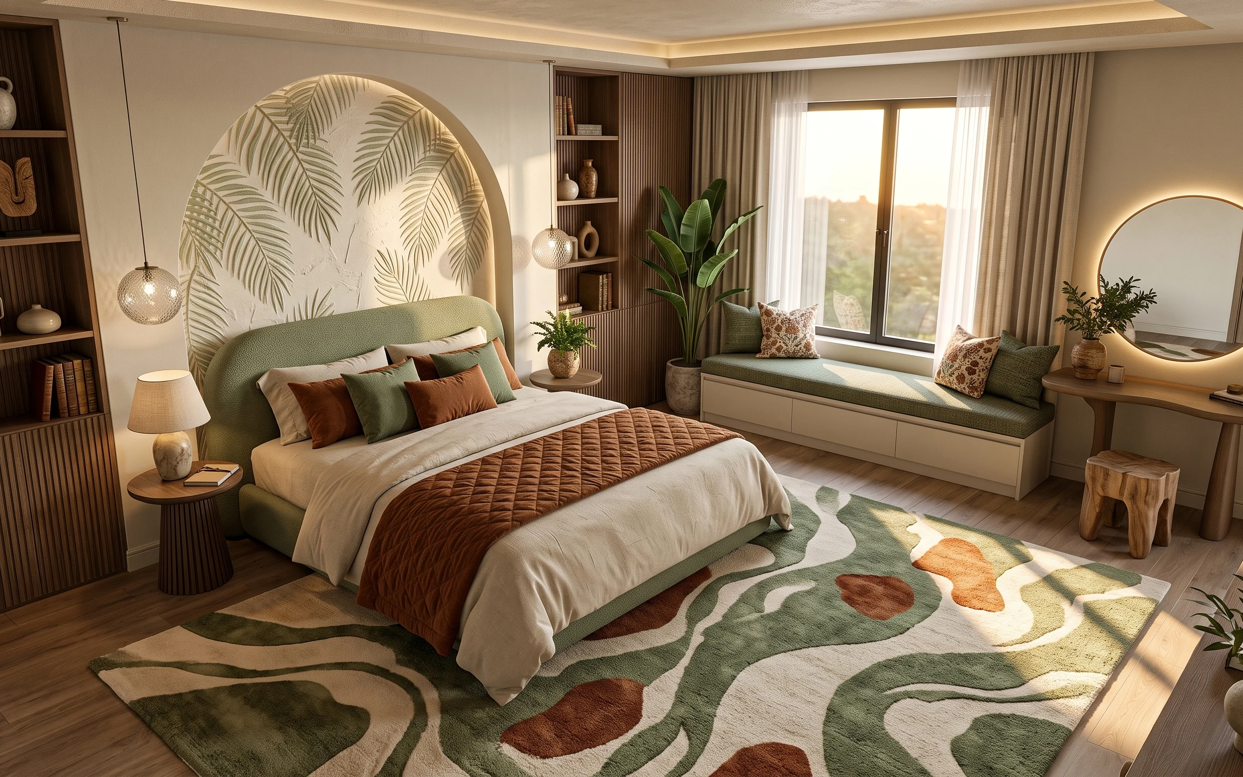 Green upholstered bed with leaf-pattern rug, terracotta plants, warm taupe curtains, and a round backlit mirror