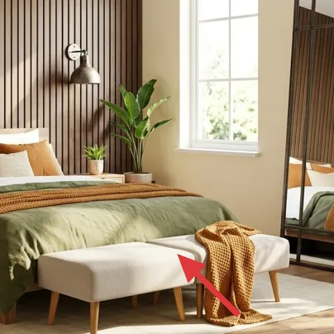 wood bench at foot of bed