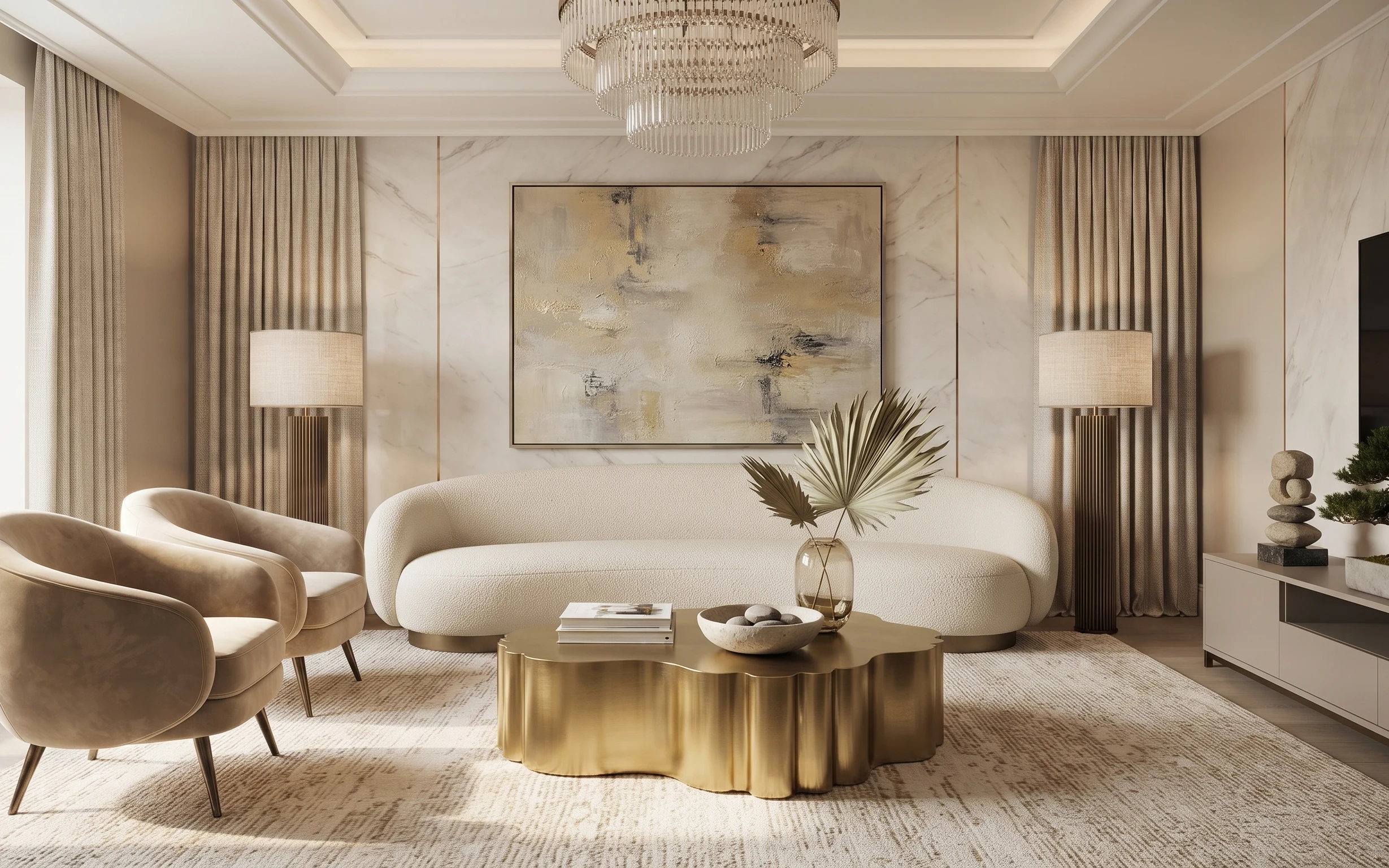 Modern beige living room with cream sofa, tan curtains, gold coffee table, framed abstract art, and glass centerpiece vase