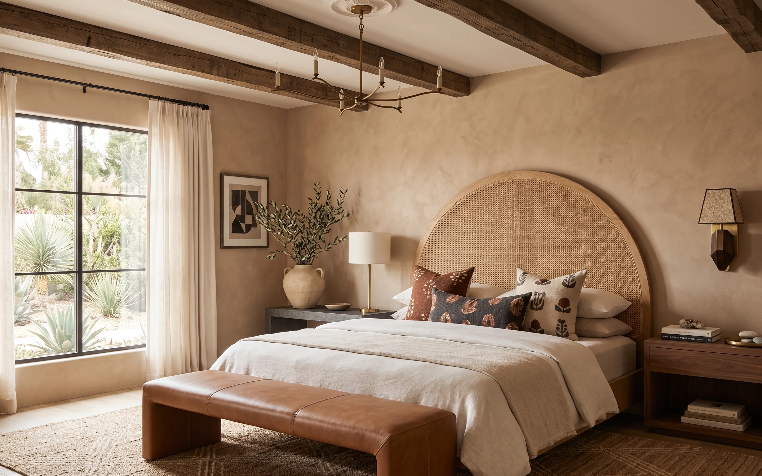Warm arched headboard bedroom with cream sheer curtains, plug-in table lamp, and patterned pillows
