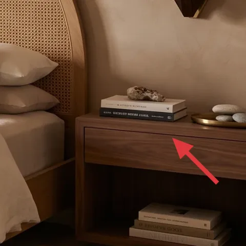 wood bedside table with books and tray