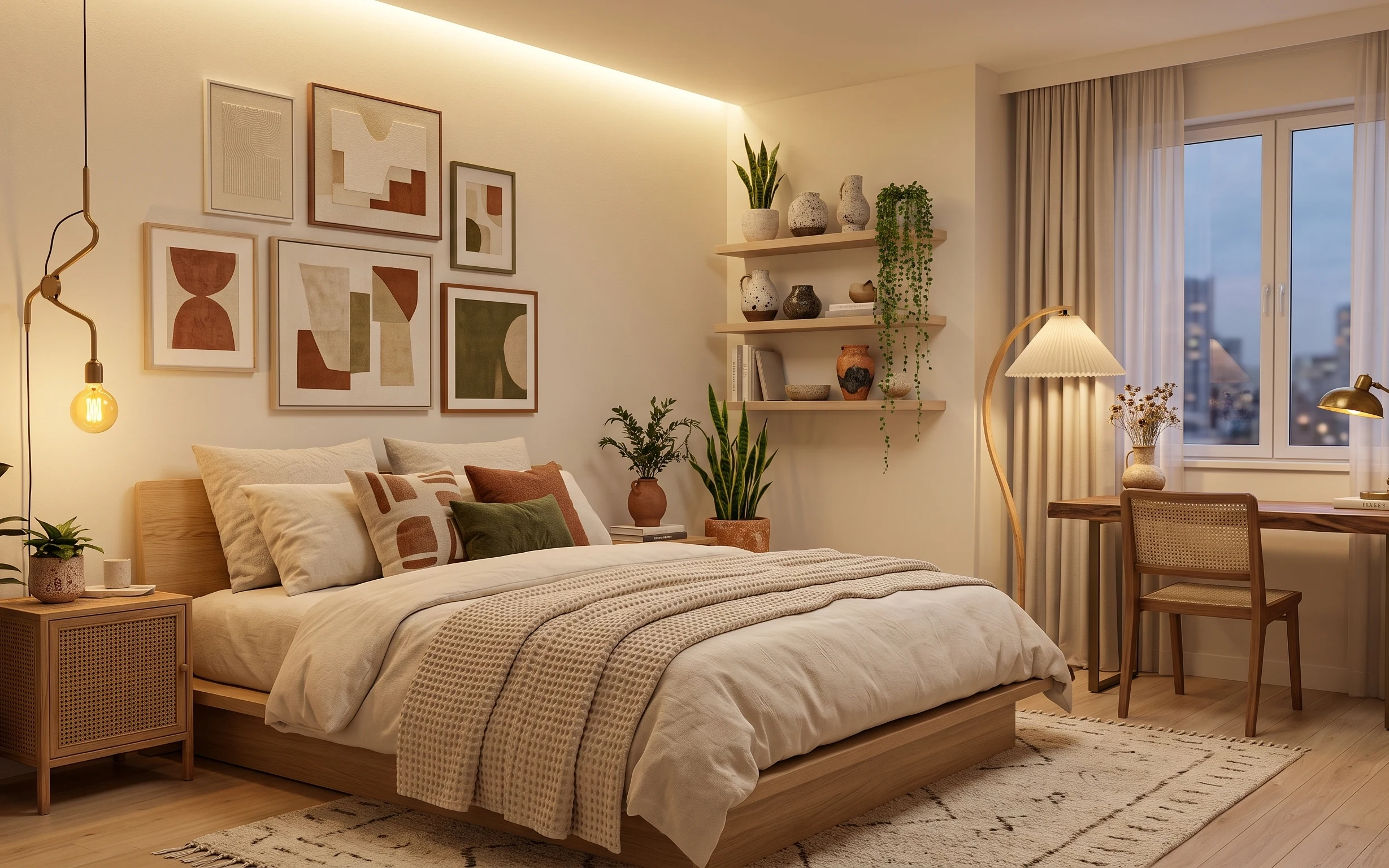 Warm cream bedroom with wood bed, patterned beige rug, framed abstract art, globe floor lamp, desk lamp, and trailing green vine plant