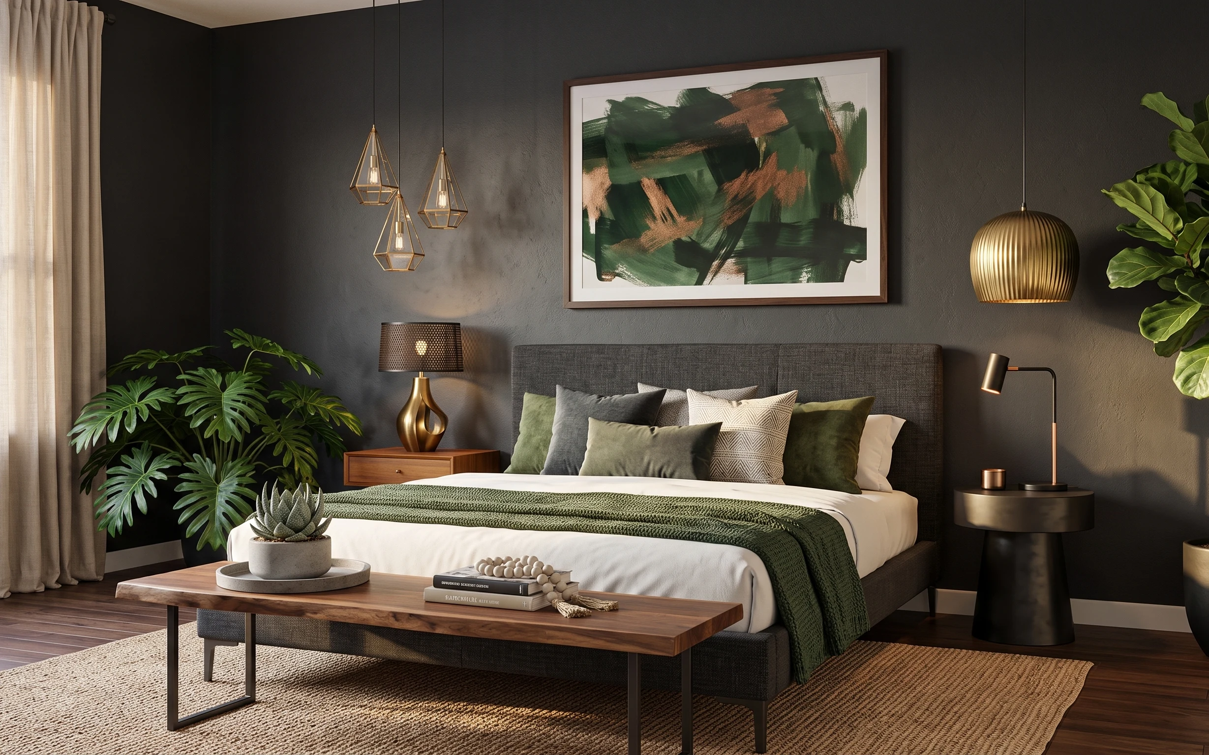 Plant-filled bedroom with gray headboard, brass pendant lights, framed abstract art, tall curtains, and layered greenery