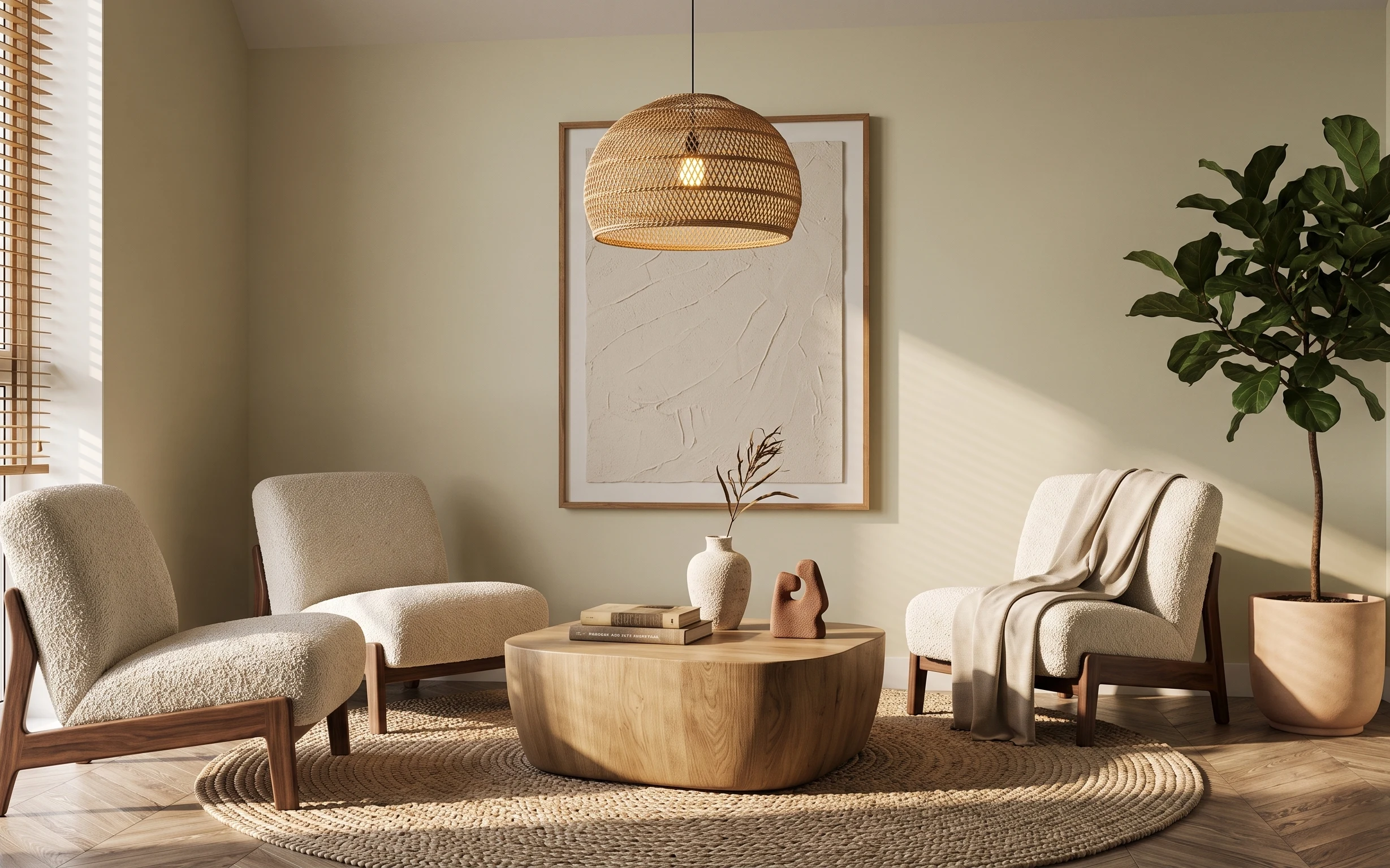 Cream upholstered chairs around a round light-wood coffee table with framed botanical art, rattan pendant, and tall olive plant