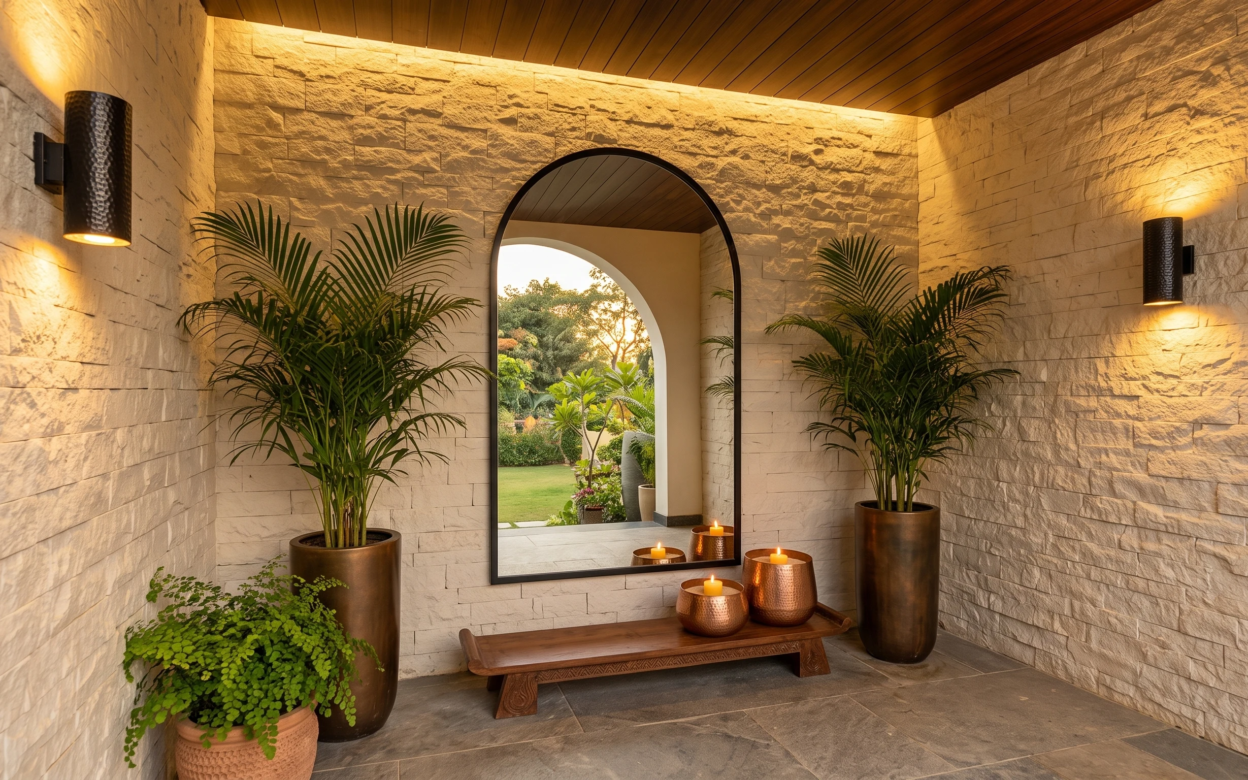 Outdoor entry niche with arched wall mirror, black sconces, bronze planters, and candlelit wooden bench