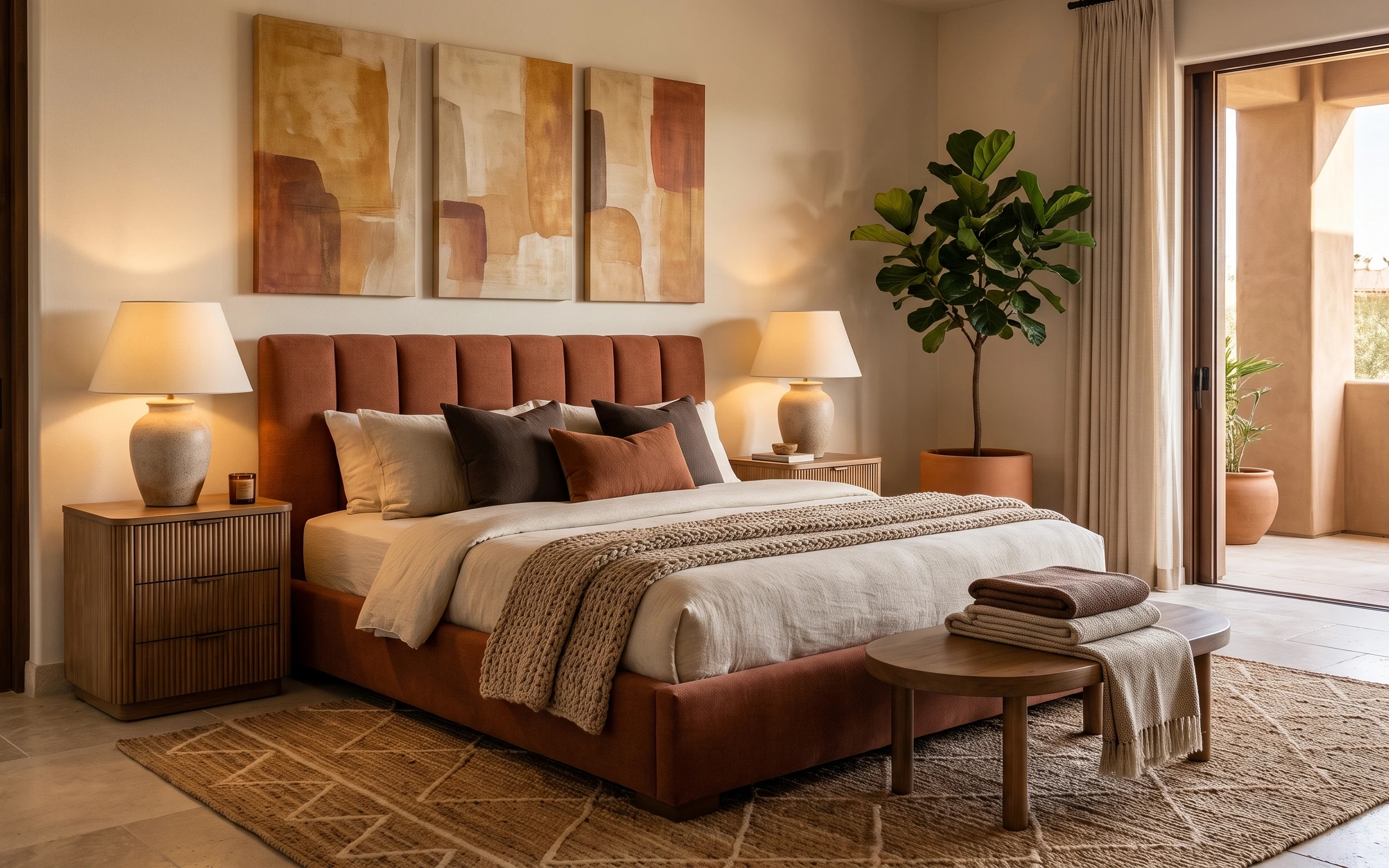 Warm modern bedroom with tufted headboard, woven rug, layered drapes, two white-shaded plug-in lamps, and a potted leafy plant
