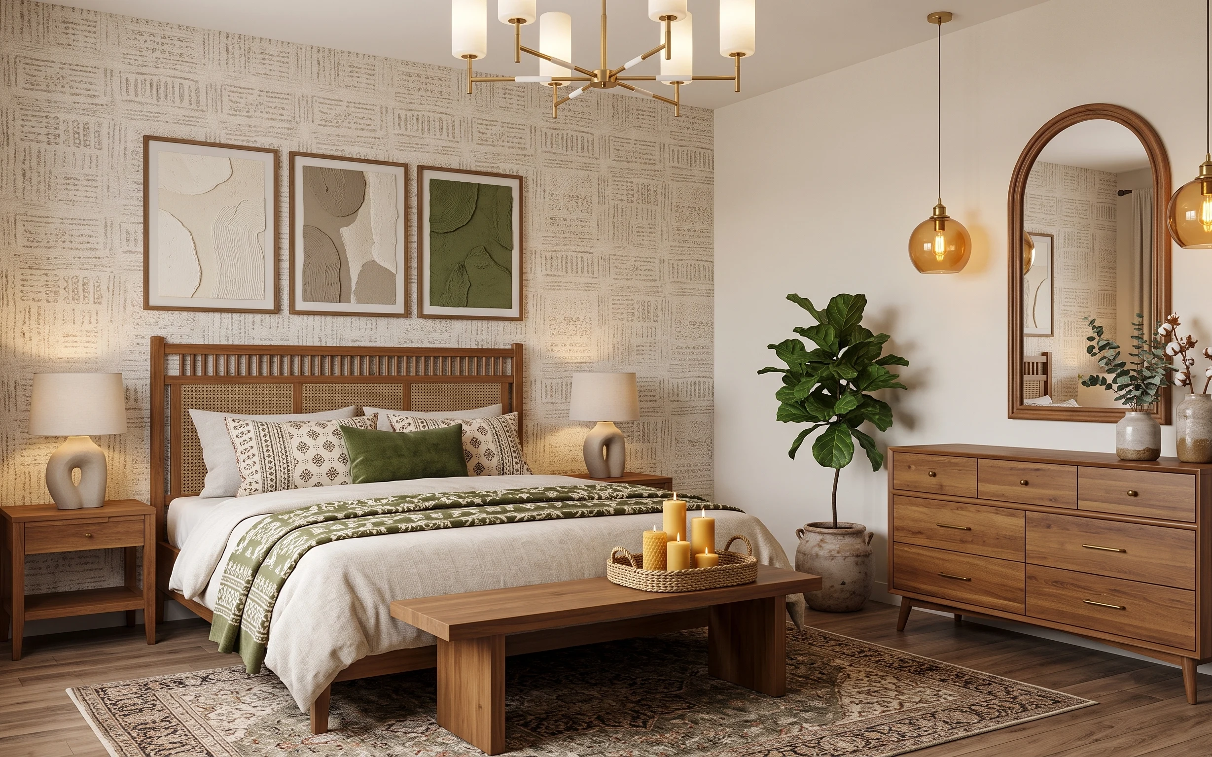 Warm olive-and-tan bedroom with patterned rug, framed abstracts, plug-in lamps, and a leafy plant by an arch mirror