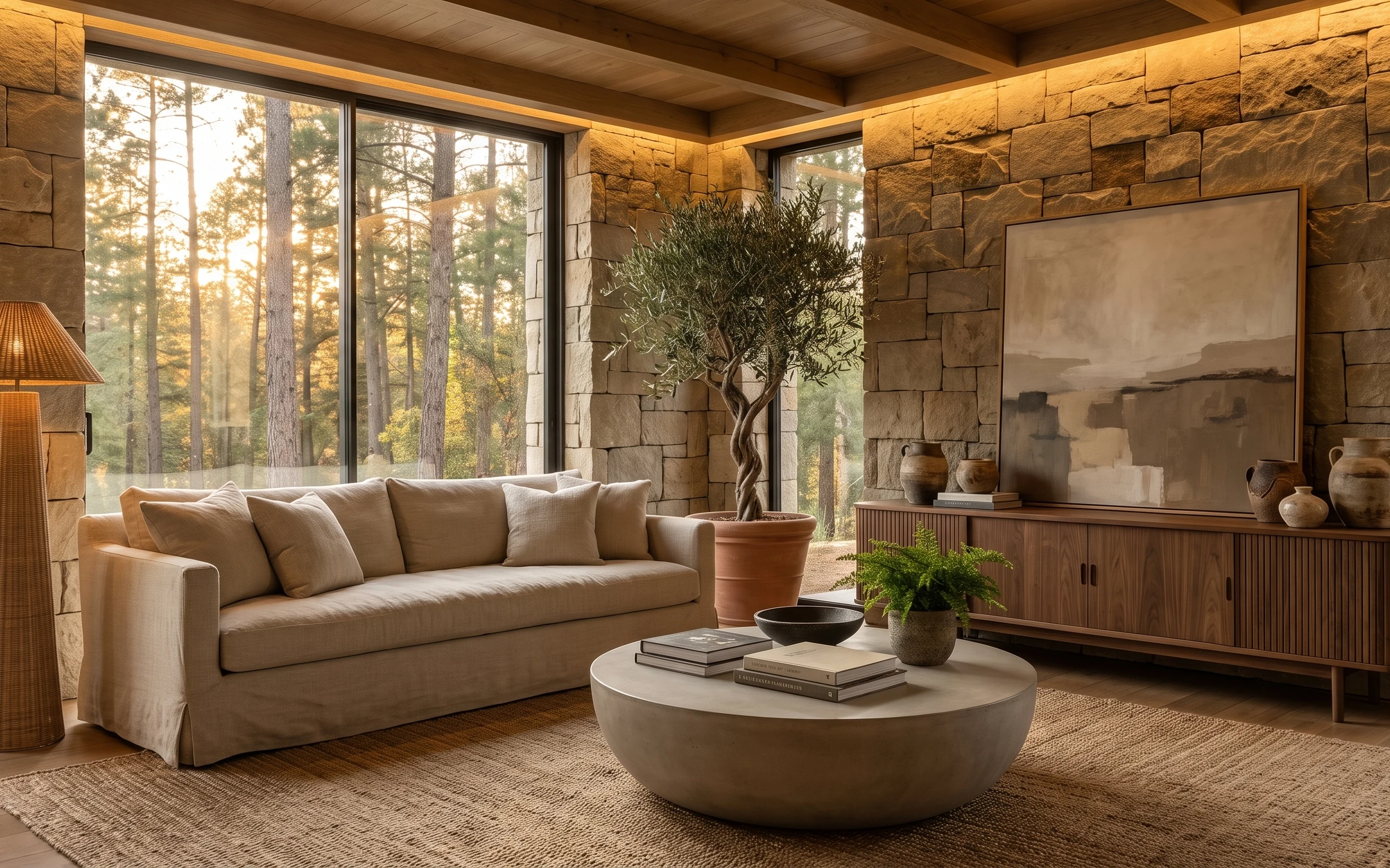 Warm living room with cream sofa, round coffee table, woven floor lamp, terracotta planters, and large framed wall art