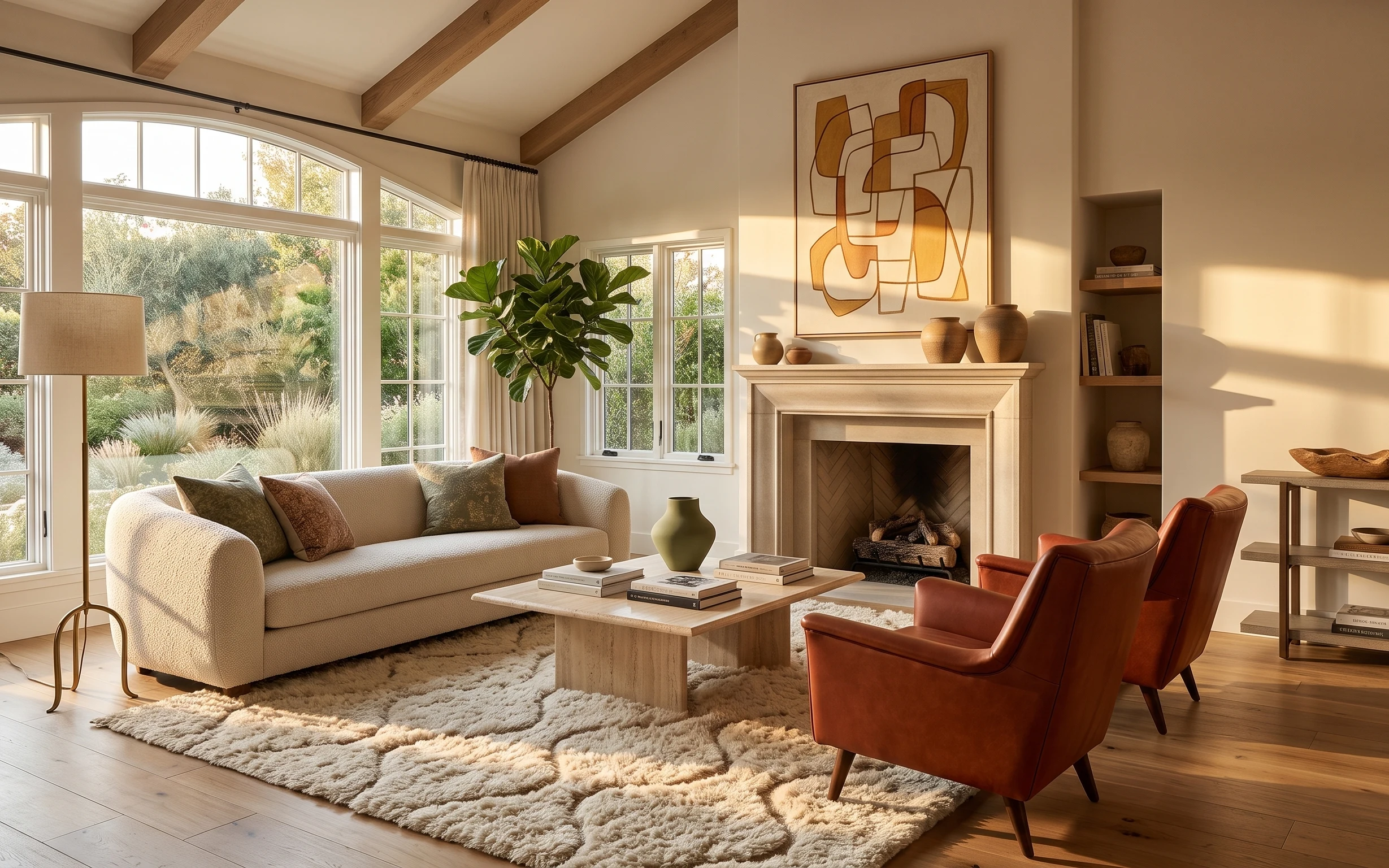 Bright living room with beige sofa, shag rug, beige curtains, abstract art over fireplace, and leather accent chairs