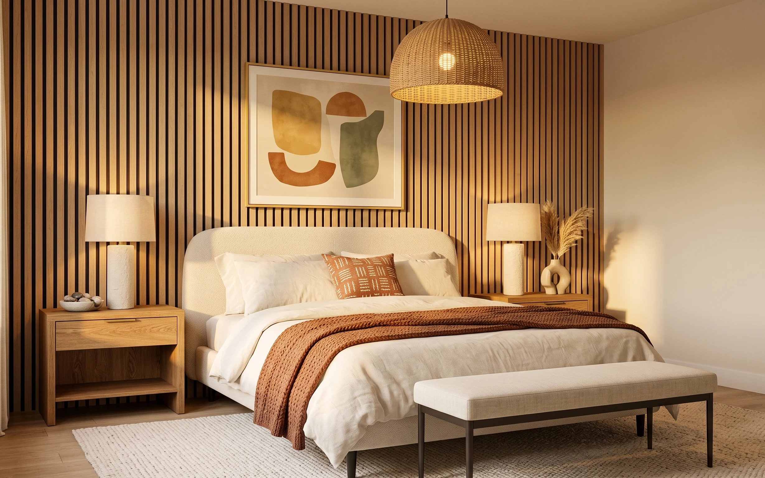 Warm wood-slat bedroom with upholstered headboard, layered cream bedding, framed abstract art, woven pendant, and nightstands