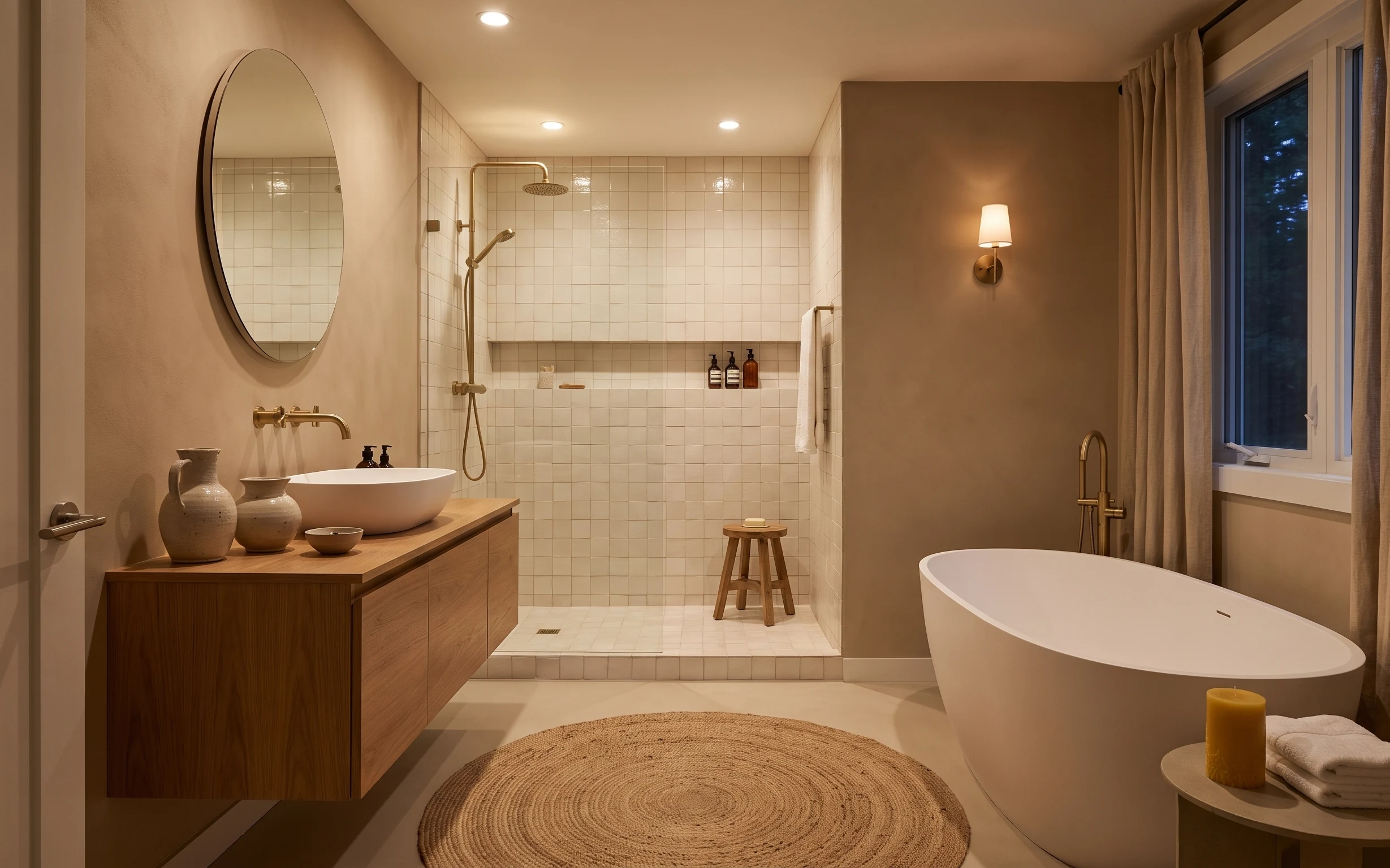 Warm brass-and-cream bathroom tub corner with oval black mirror, wood vanity, curtains, and a round beige rug